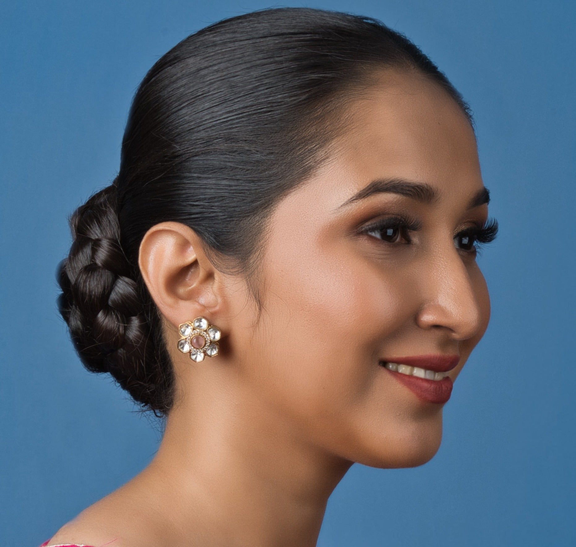 Flower Polki Stud Earrings - QUEENS JEWELS
