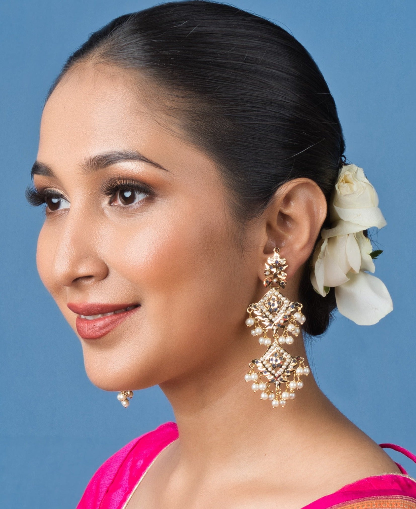 Inara Jadau Chaandbaali Earrings - White and Blue - QUEENS JEWELS