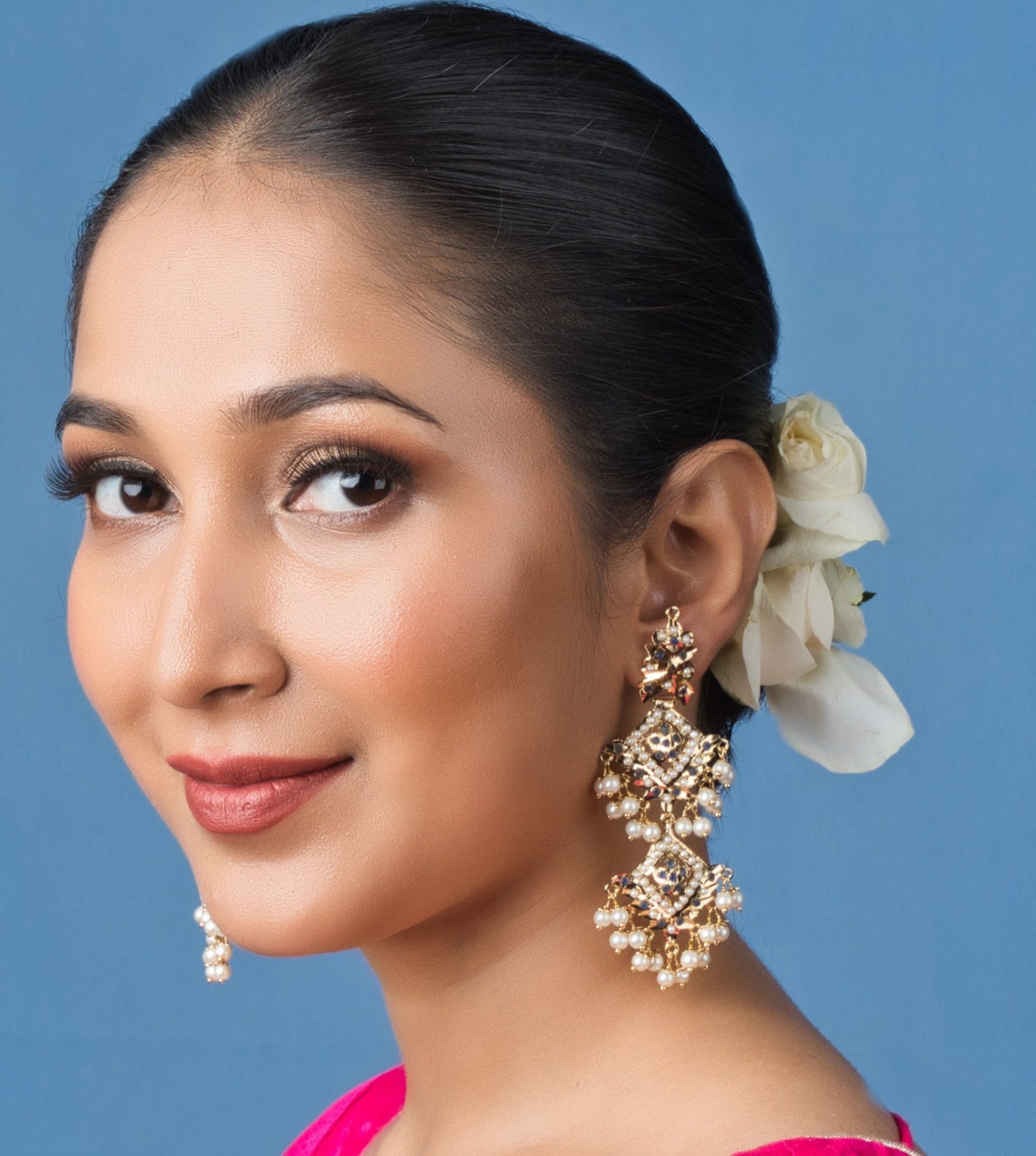 Inara Jadau Chaandbaali Earrings - White and Blue - QUEENS JEWELS