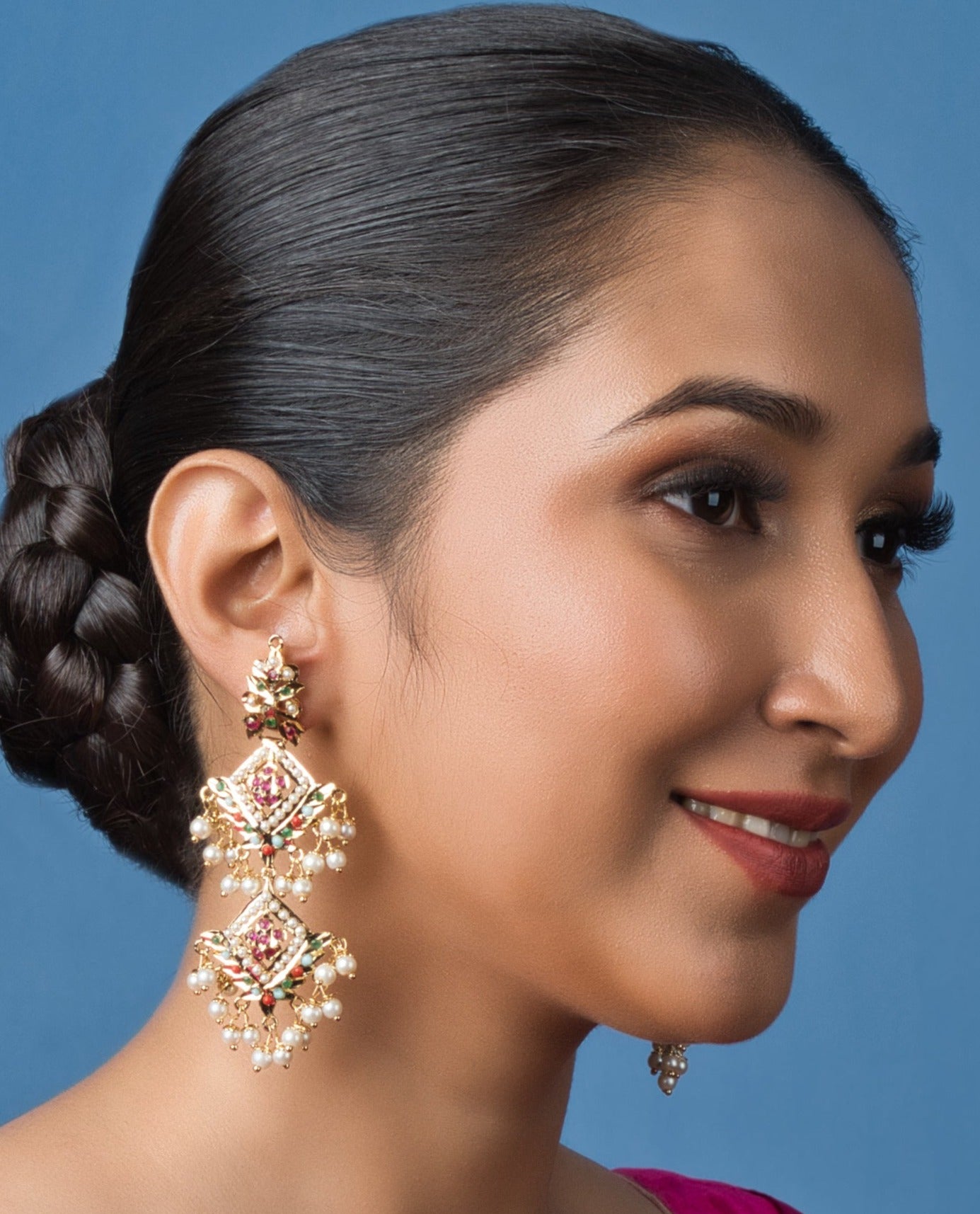 Inara Jadau Chandbaali Earrings - Navratan - QUEENS JEWELS