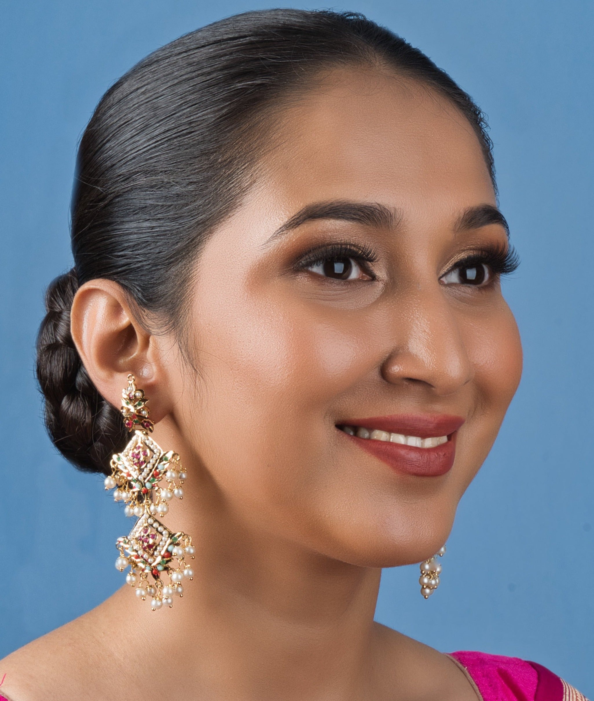 Inara Jadau Chandbaali Earrings - Navratan - QUEENS JEWELS