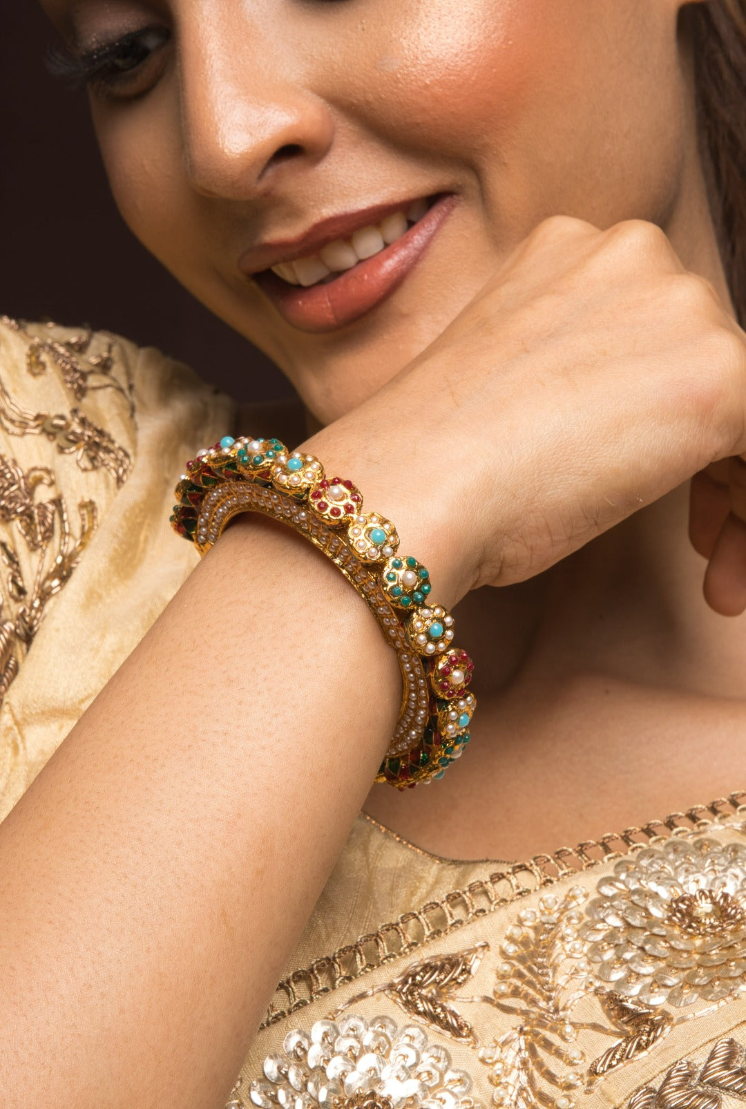 Preeta Gold Plated Jadau Openable Navratan Pacheli Bangle - QUEENS JEWELS