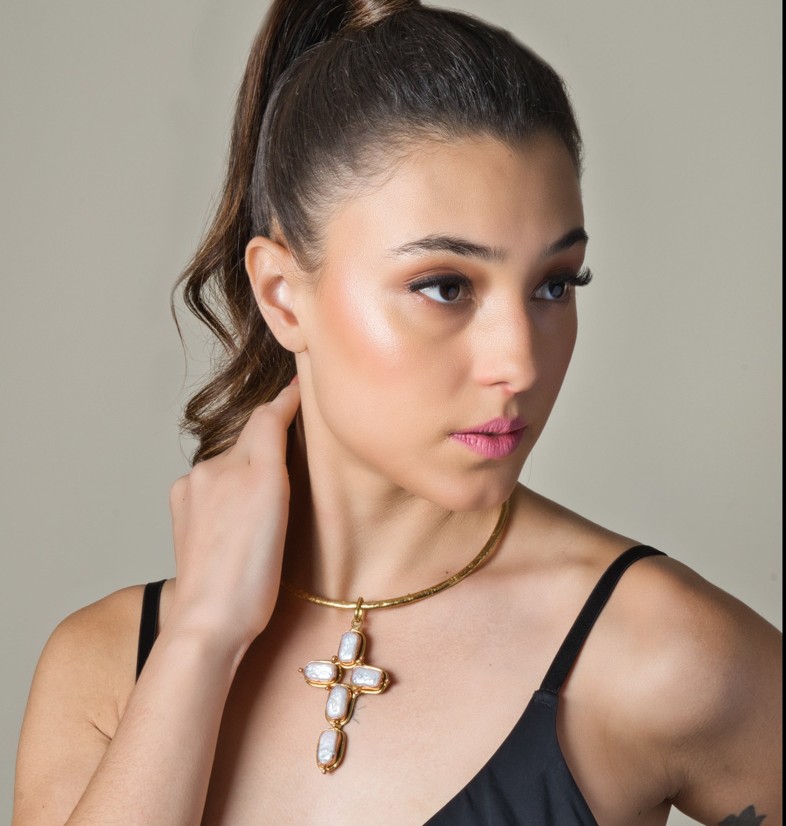 Baroque Pearl Cross Gold Plated Necklace - Adjustable - QUEENS JEWELS