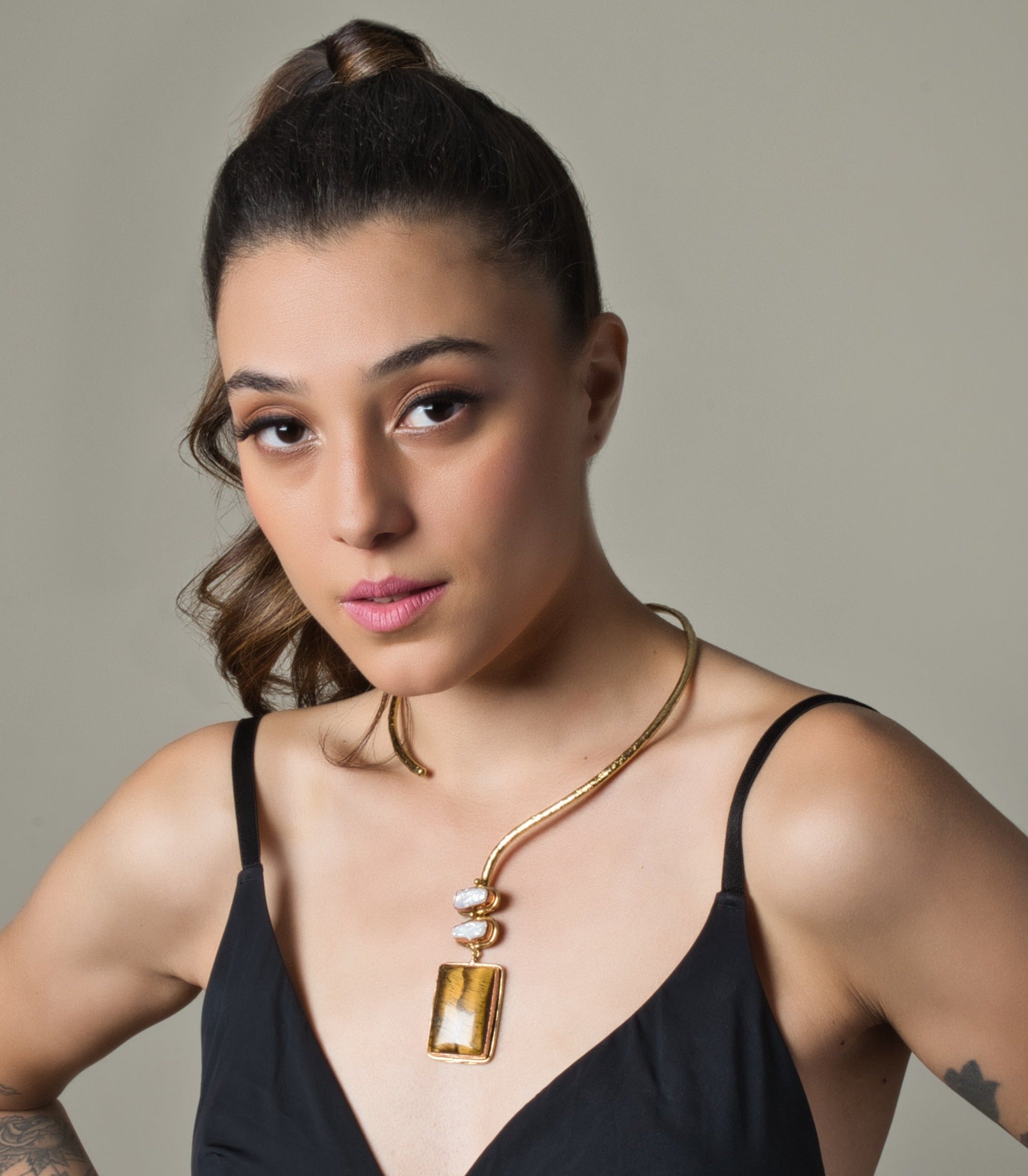 Tiger Eye with Pearl Pendant - Adjustable - QUEENS JEWELS