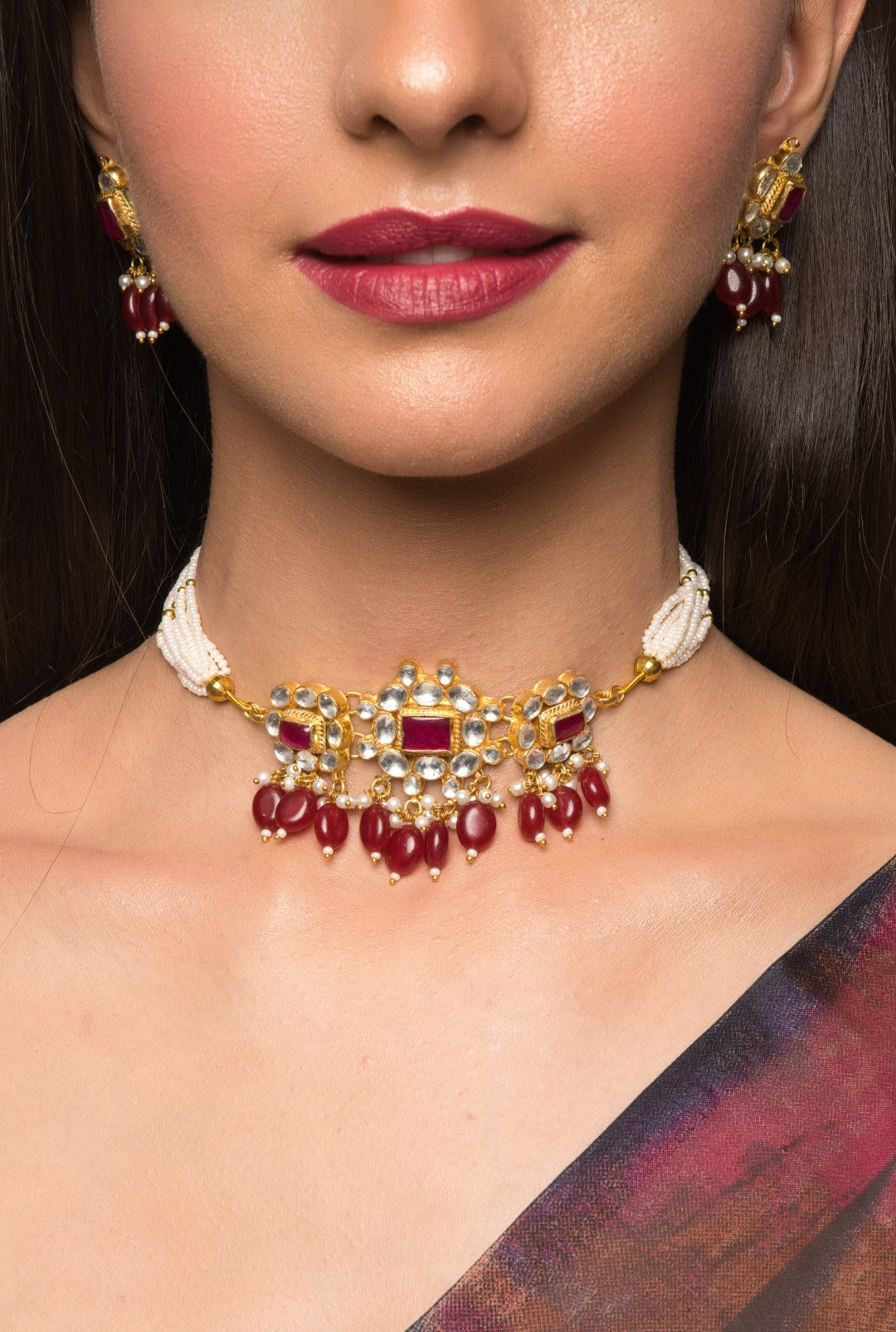 Bridesmaid's Kundan Choker Set With Red Stones And White Beads - QUEENS JEWELS