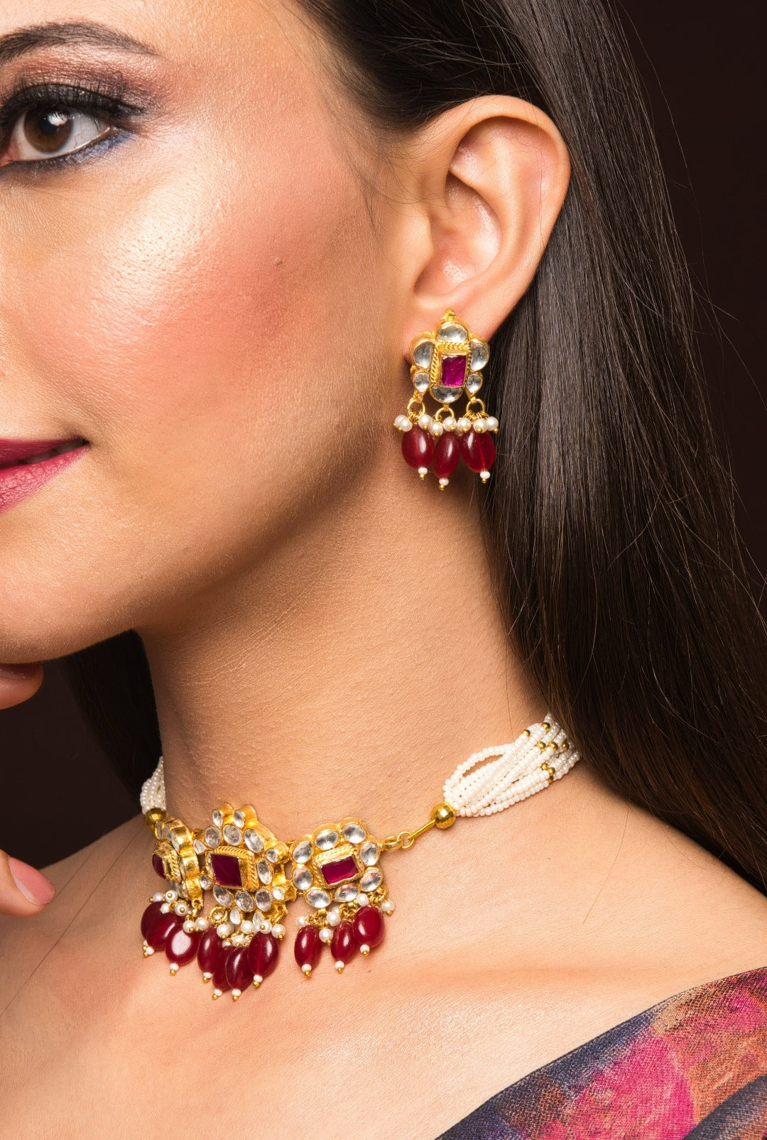 Bridesmaid's Kundan Choker Set With Red Stones And White Beads - QUEENS JEWELS