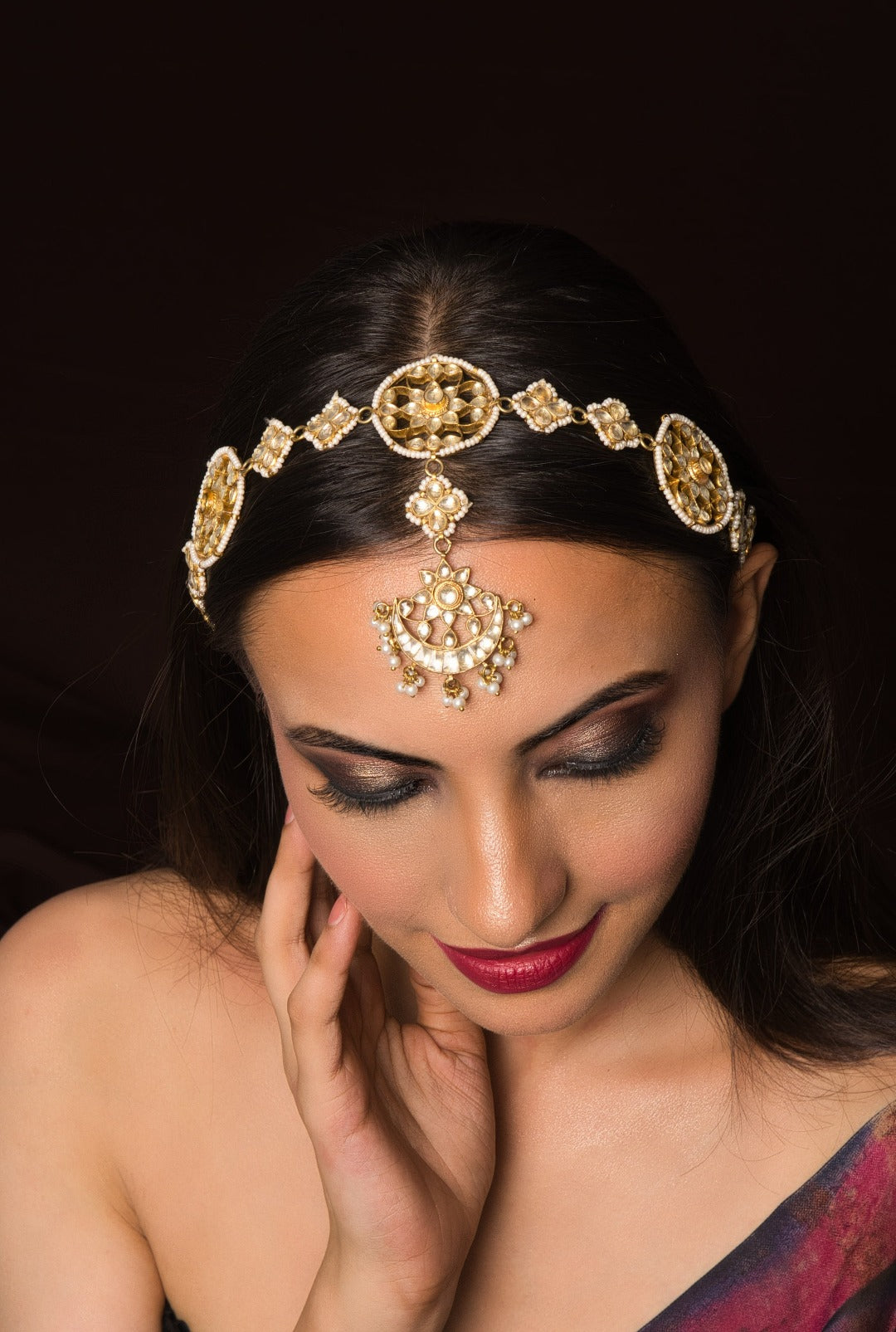 Qiyara Kundan Gold Plated Pearl Bridal Sheeshpatti - QUEENS JEWELS