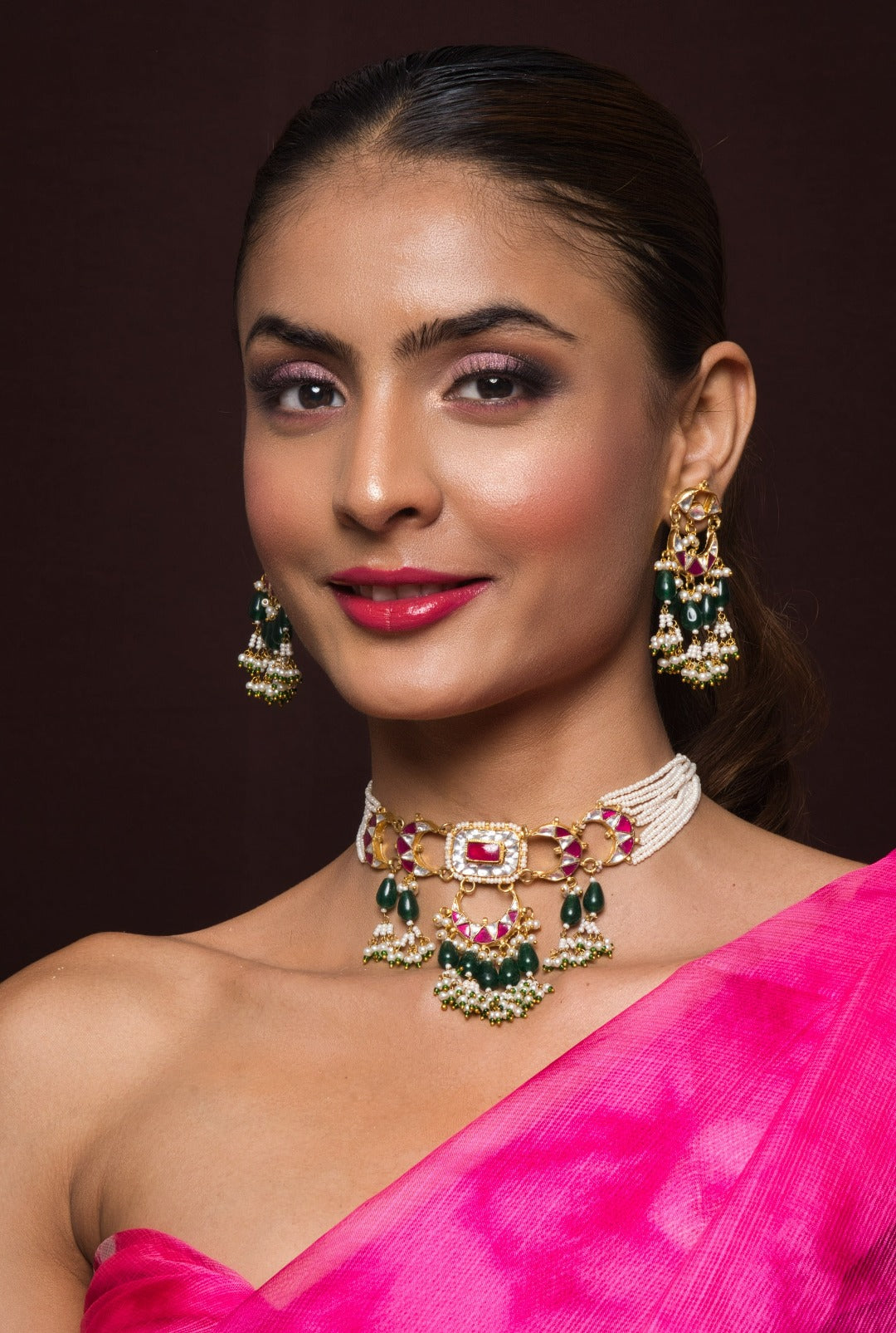 Zareen Kundan Pearl Choker Necklace Set With Earrings - QUEENS JEWELS