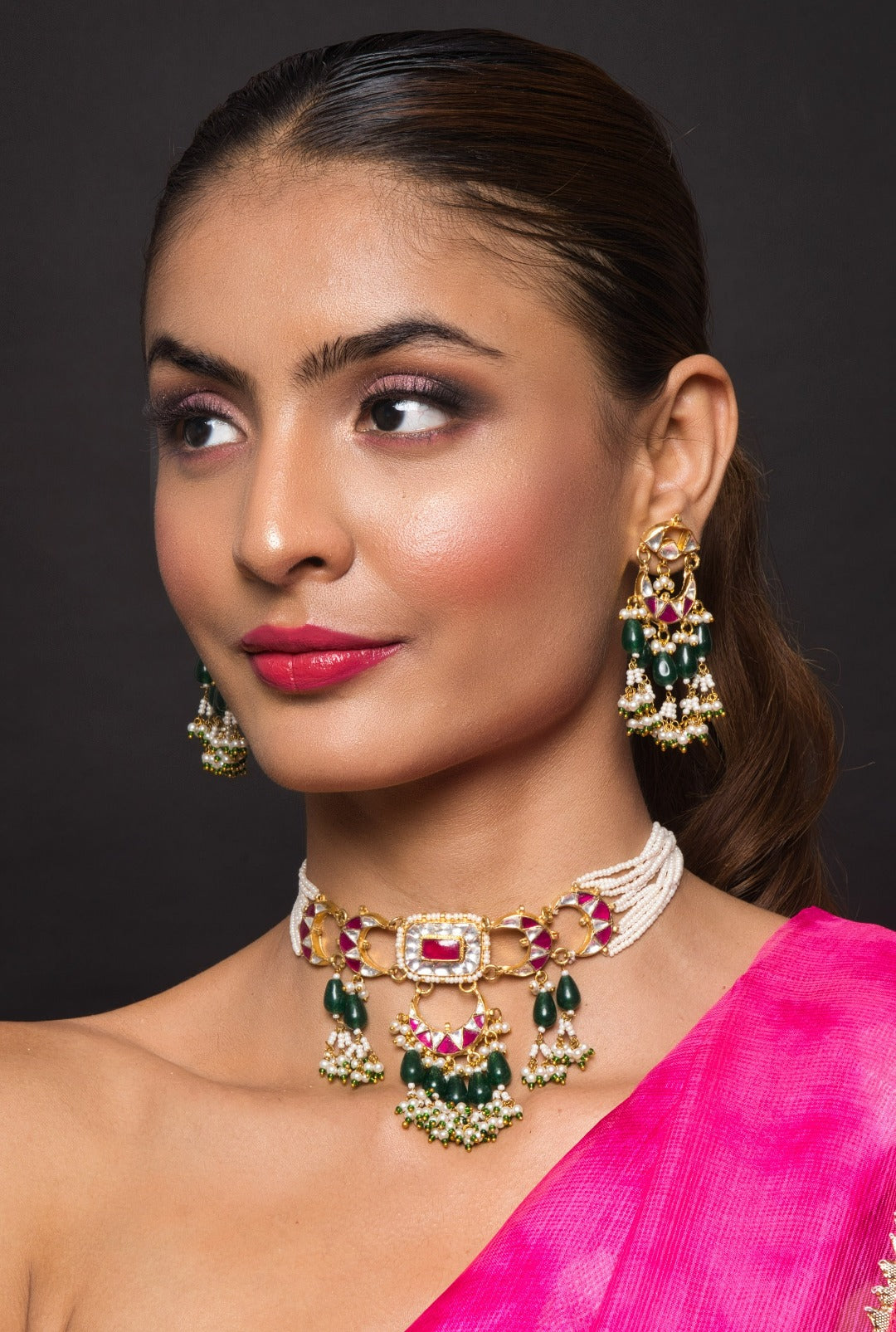 Zareen Kundan Pearl Choker Necklace Set With Earrings - QUEENS JEWELS