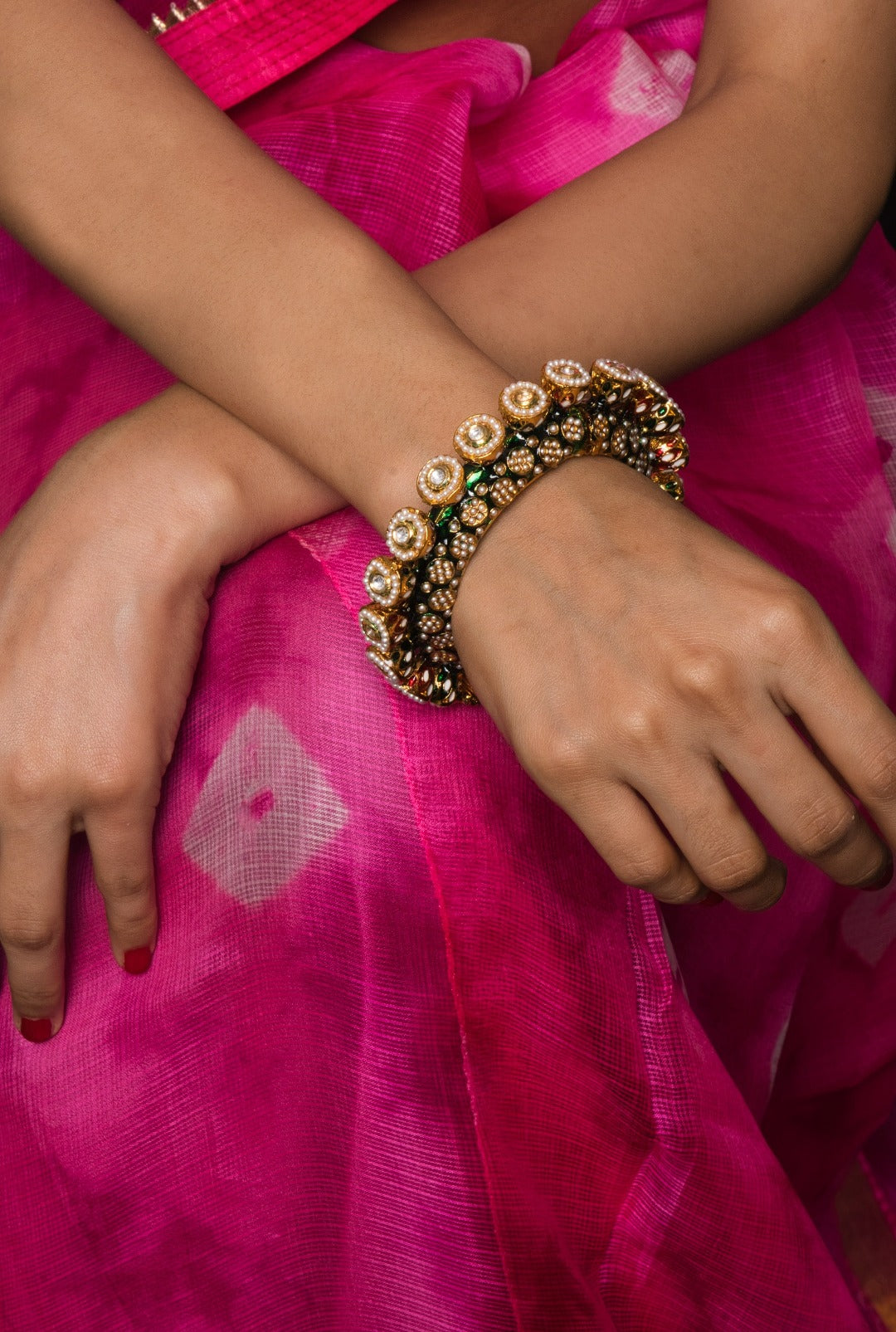 Zoha Gold Plated Jadau Openable Navratan Pacheli Bangle - QUEENS JEWELS