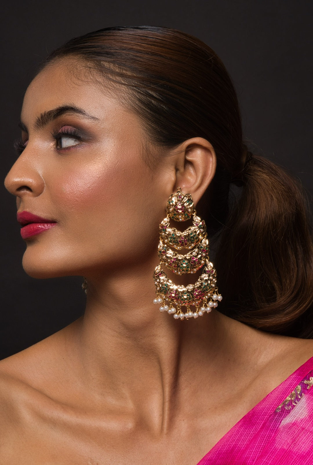 Sitara Triple layer Multicolour Jadau Chandbali Earrings - QUEENS JEWELS