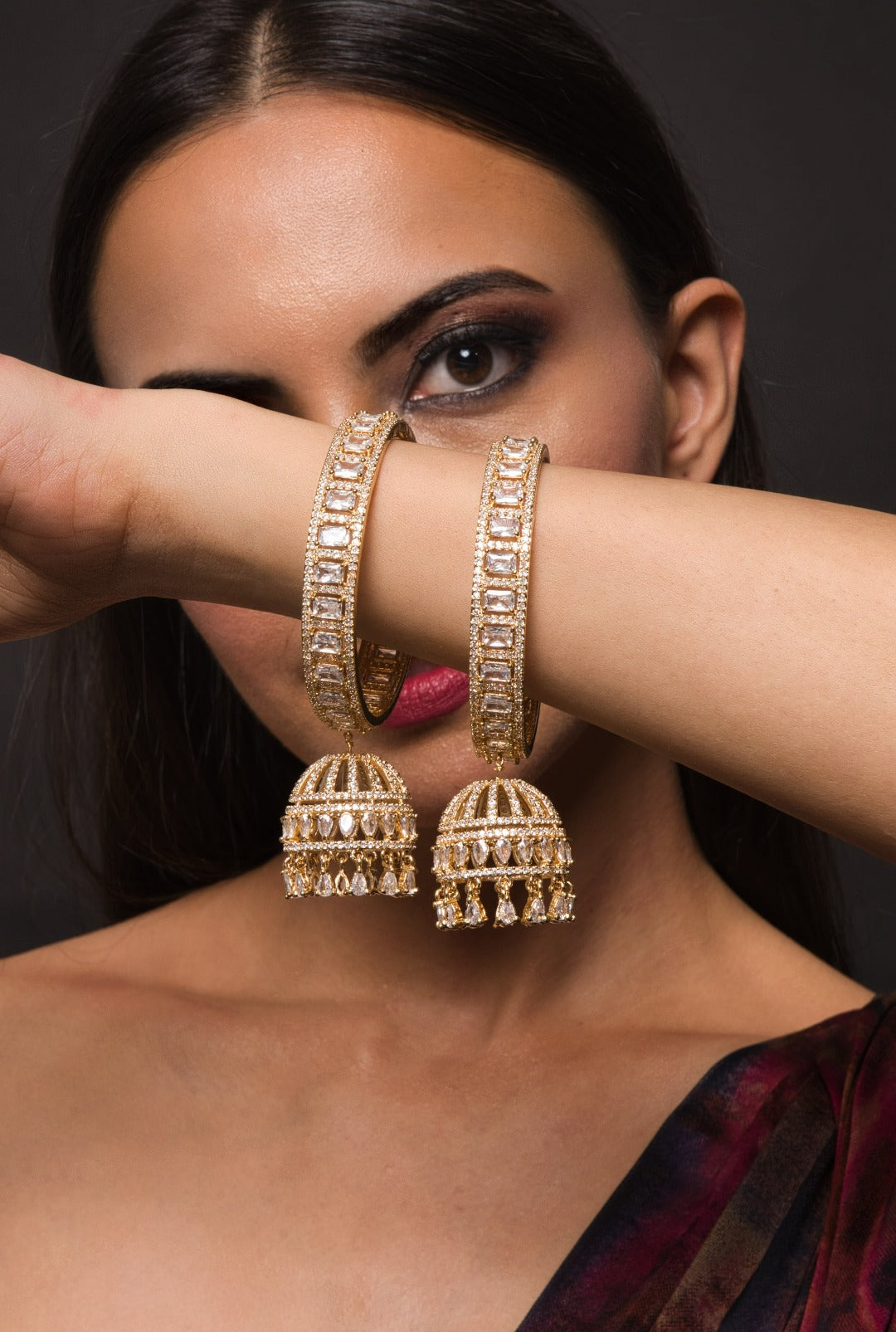 American Diamond Gold Bangle With Jhumka Hanging Pair - QUEENS JEWELS