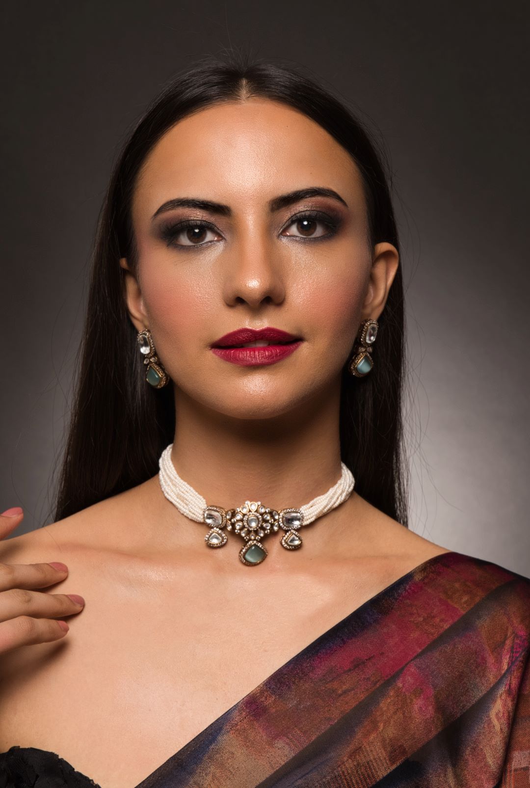 Mint Green Kundan & White Pearls Choker Set with Earrings - QUEENS JEWELS