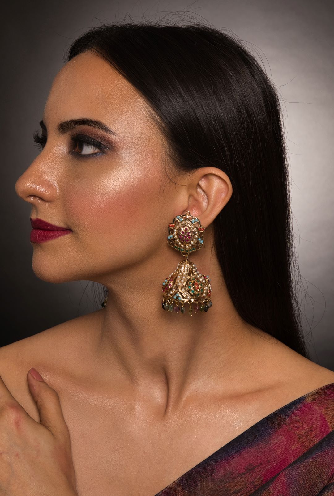 Ditya Navratan Jadau Tourmaline Jhumka Earrings - QUEENS JEWELS