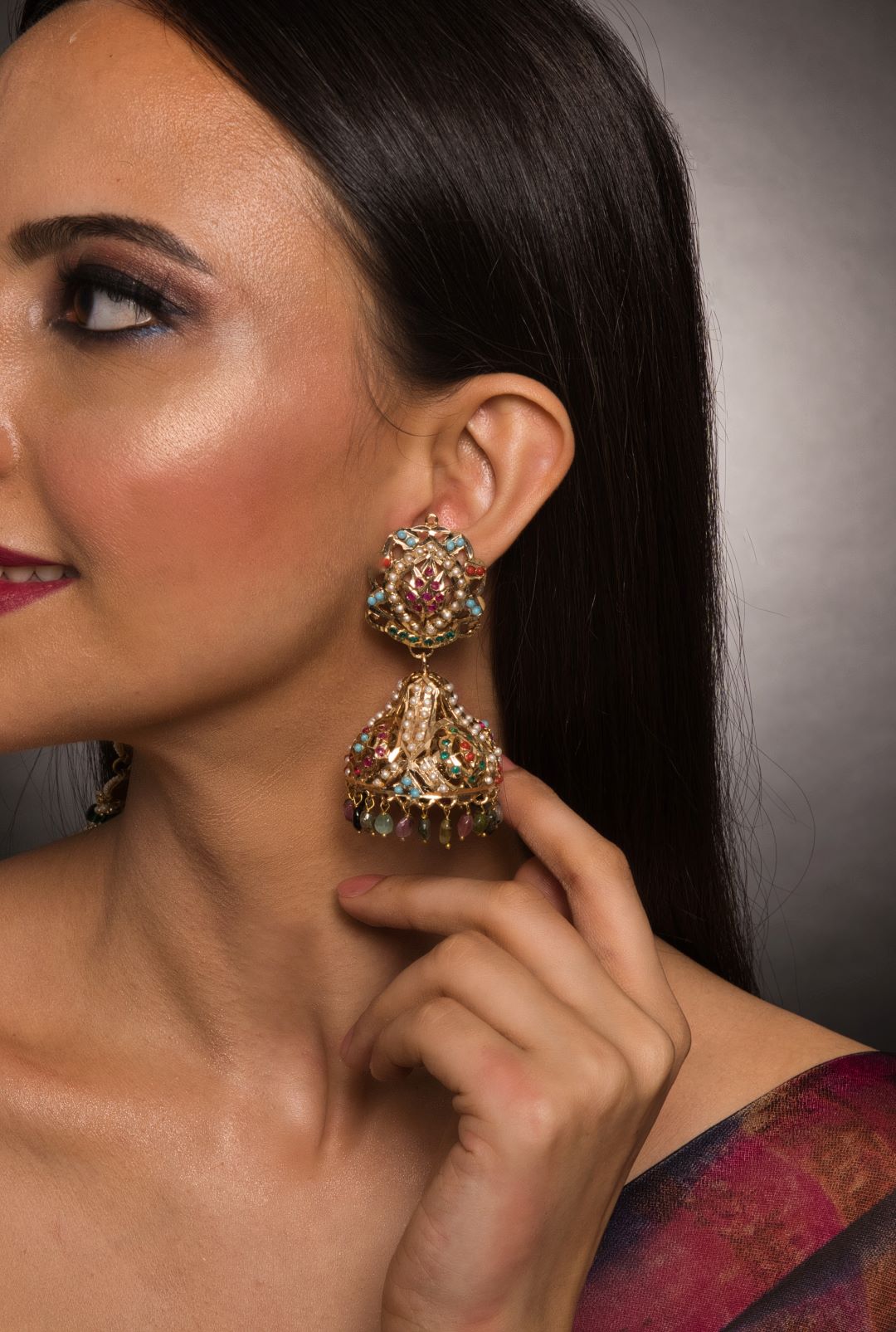 Ditya Navratan Jadau Tourmaline Jhumka Earrings - QUEENS JEWELS