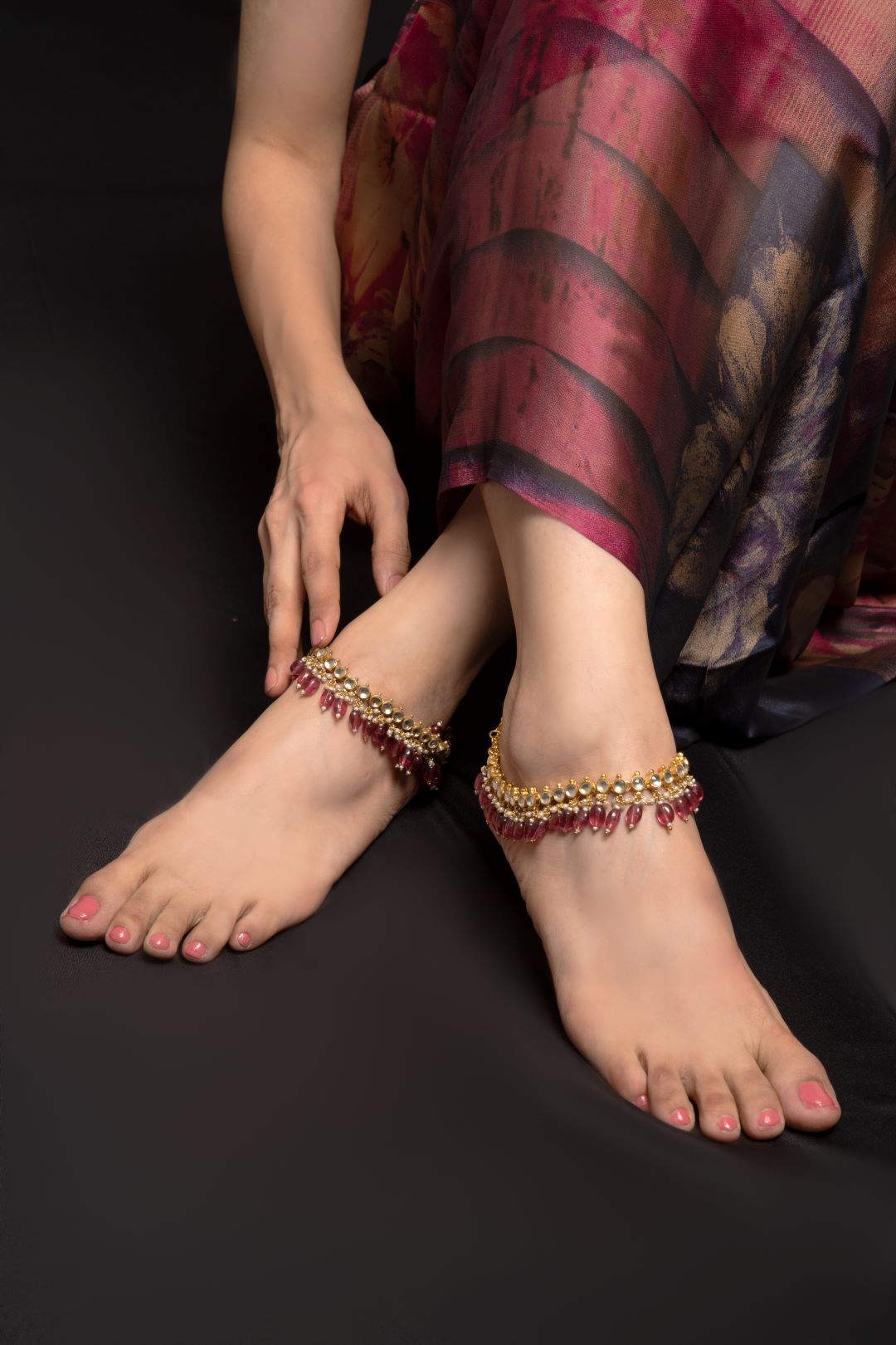 Wine Red Kundan Bridal Anklet Pair - QUEENS JEWELS