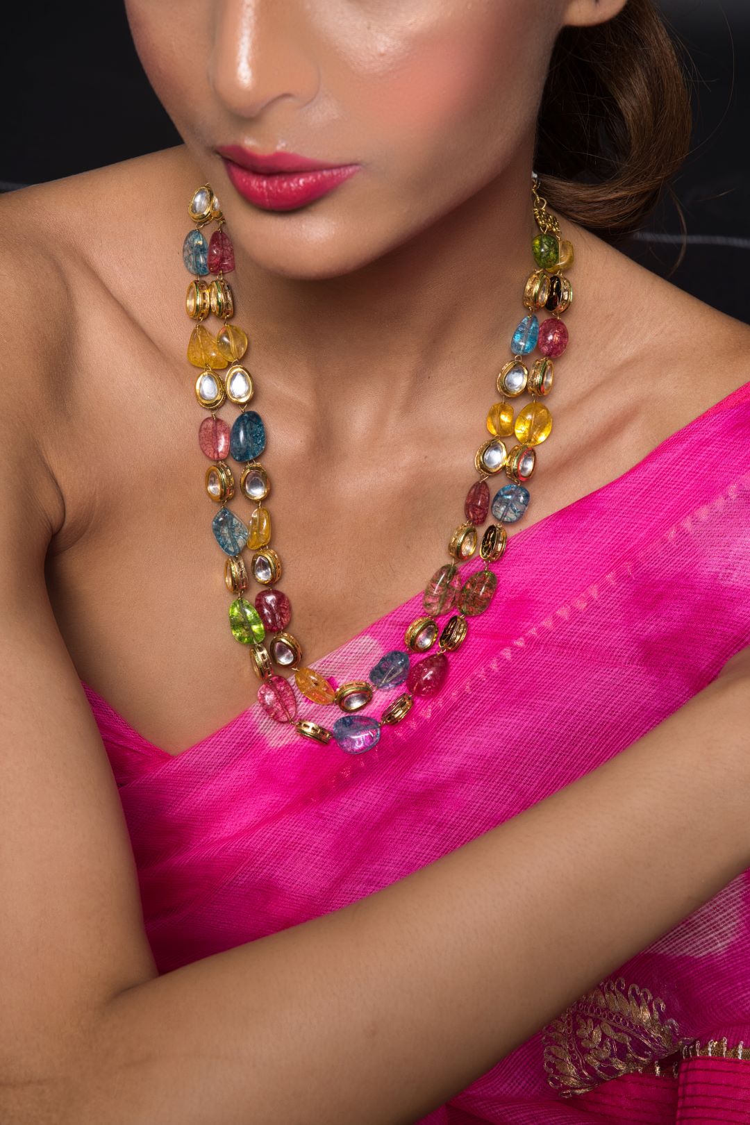 Twin Layer Navratan Kundan Necklace - QUEENS JEWELS