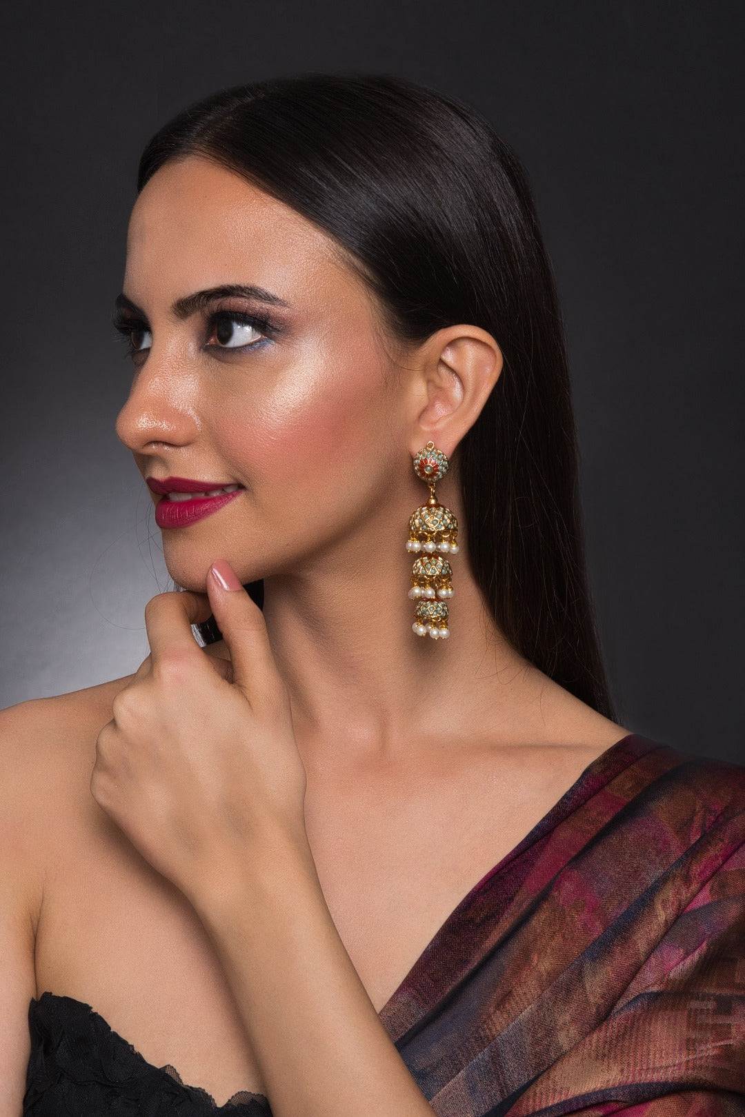 Suhana 3-Layered Sona Moti Jhuma Earrings - Feroza - QUEENS JEWELS