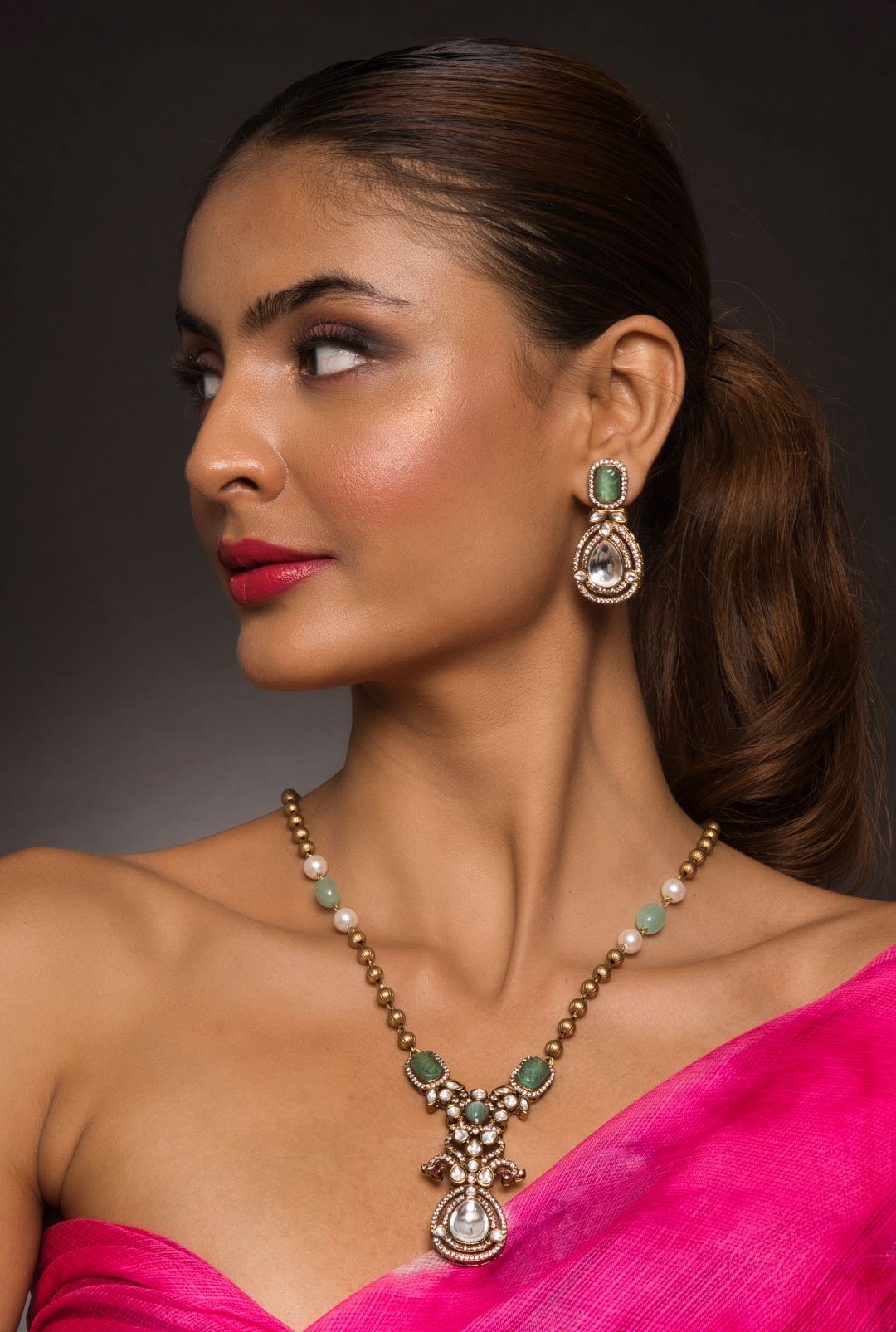 Ayra Mint Green Victorian Necklace Set with Earrings - QUEENS JEWELS