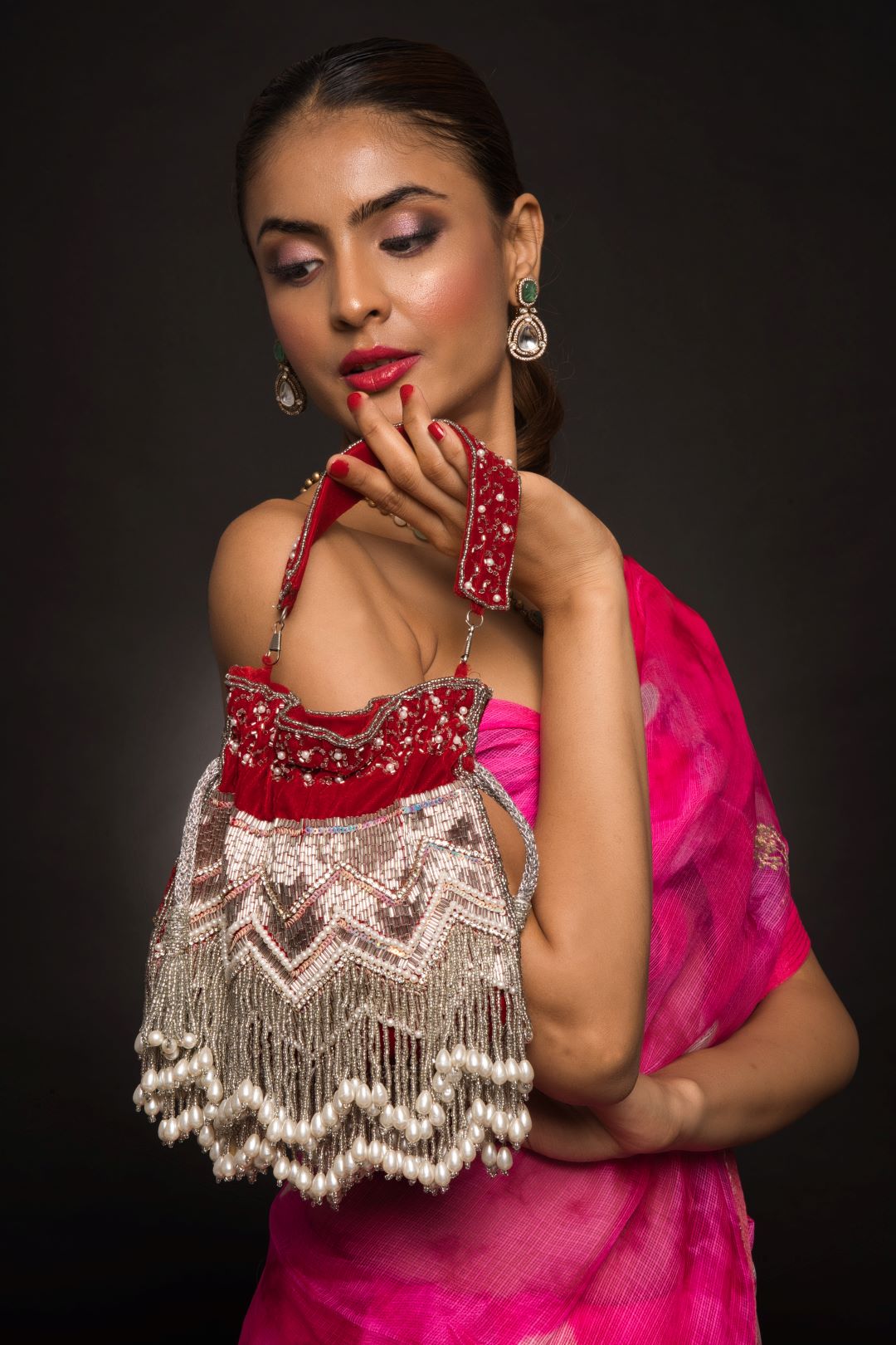 Vanya Red Embellished Bridal Potli - QUEENS JEWELS