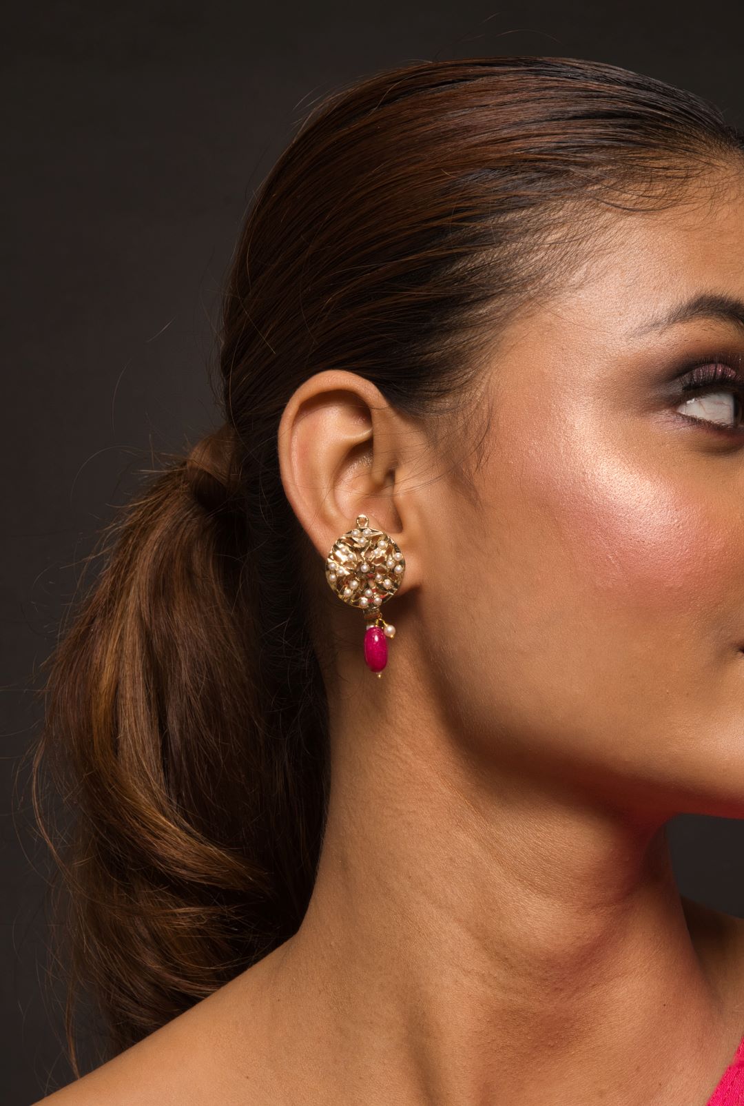 Ruby Red Drop Small Round Jadau Earrings - QUEENS JEWELS