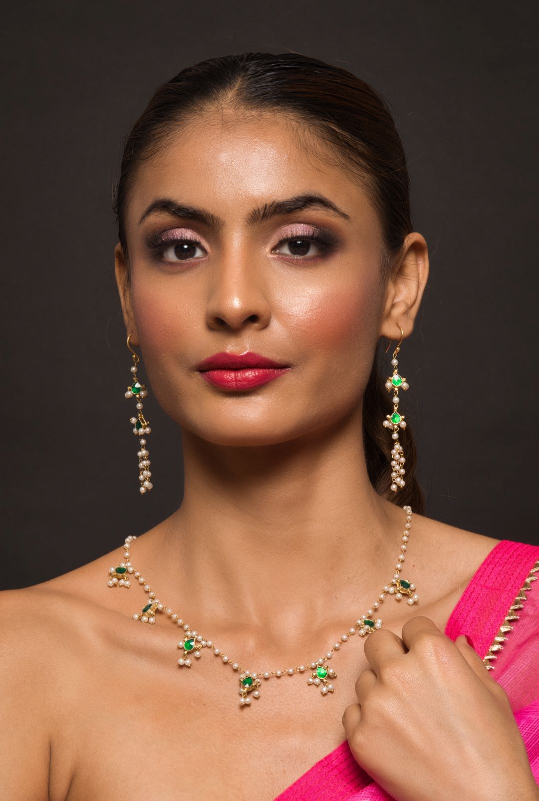 Emerald Green Kundan Biya Mala Necklace with Earrings - QUEENS JEWELS