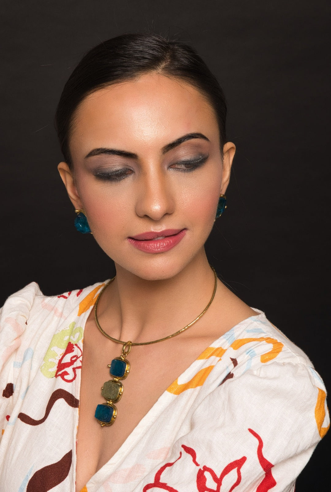 Isabella Trio Semi Precious Stone Necklace (Without Earrings) - QUEENS JEWELS