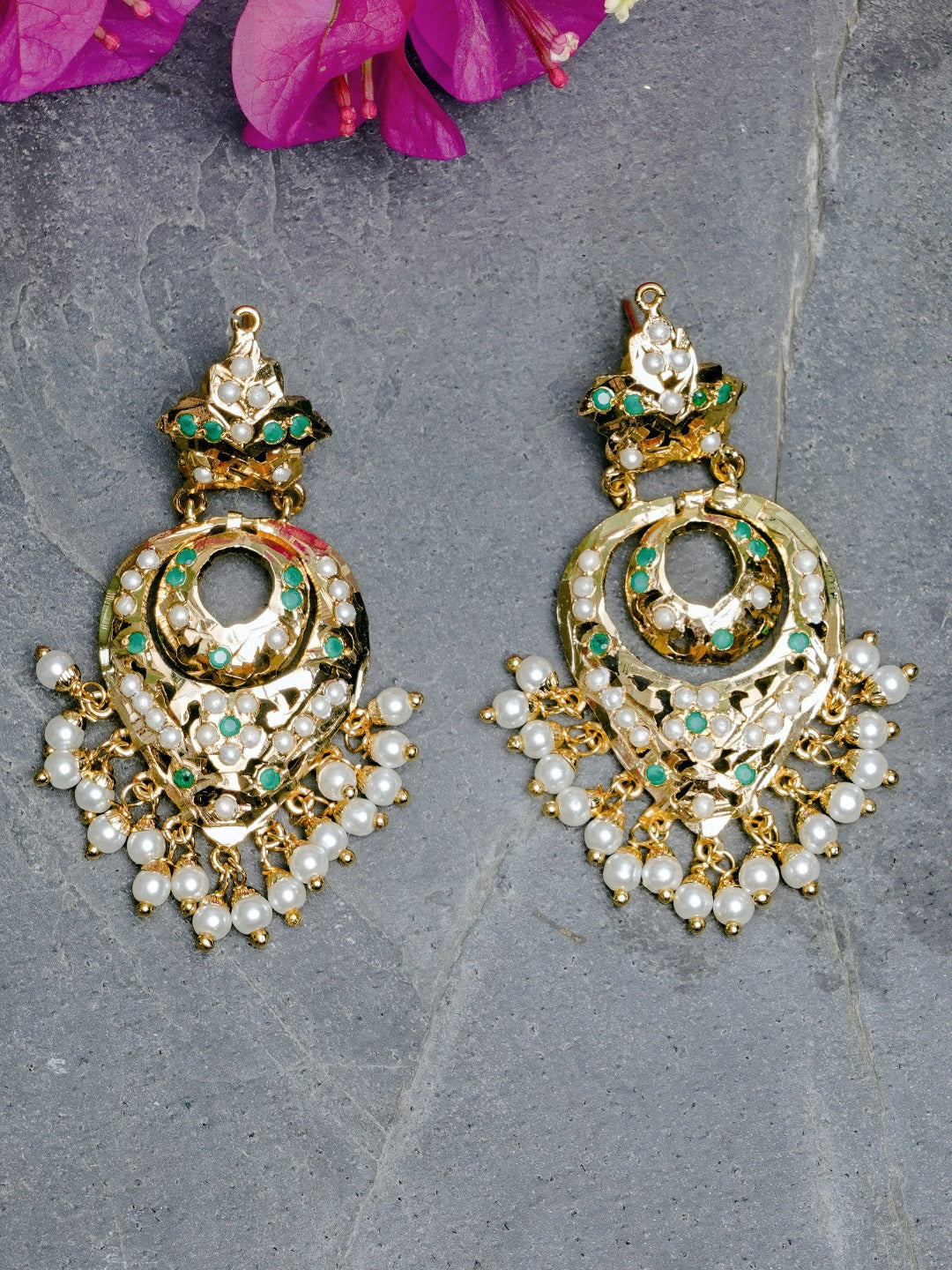 Adhira Jadau Chaandbali Earrings (Gold Plated with Emerald Green Stones and White Pearls) - QUEENS JEWELS