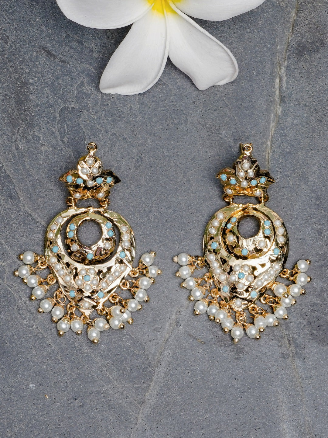 Adhira Jadau Chaandbali Earrings (Gold Plated with Ferozah Light Blue Turquoise Stones and White Pearls) - QUEENS JEWELS