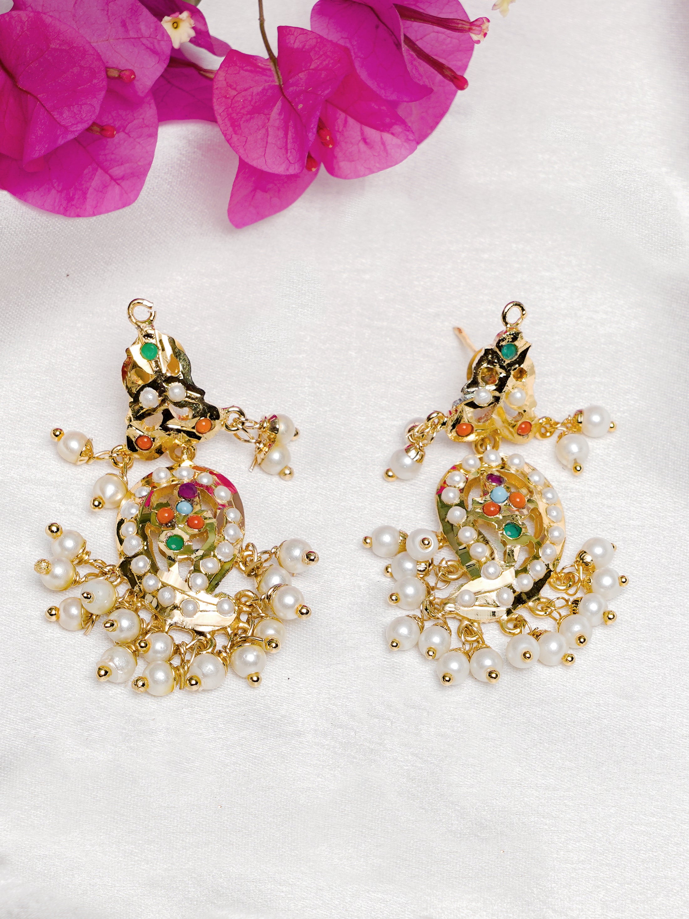 Kairi Jadau Small Chaandbali Earrings (Gold plated with multicolour stones) - QUEENS JEWELS