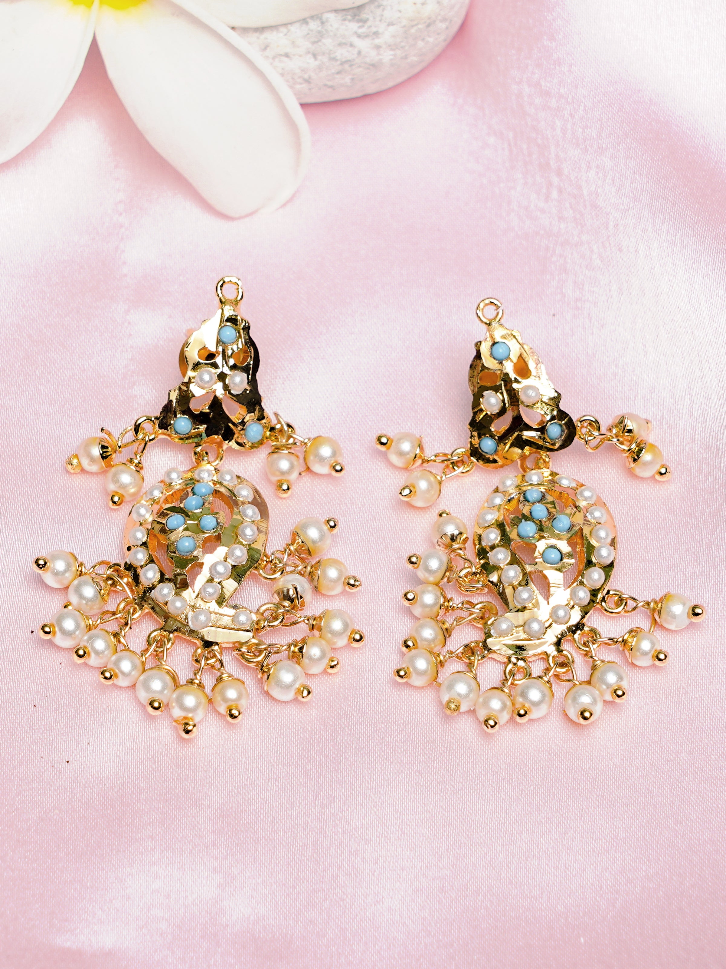 Kairi Jadau Small Chaandbali Earrings (Gold plated with Ferozah & Pearls) - QUEENS JEWELS