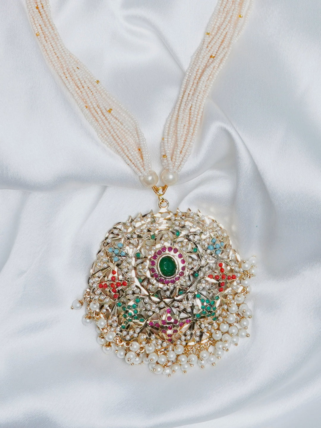 Floral Navratan Jadau Round Pendant Necklace - QUEENS JEWELS