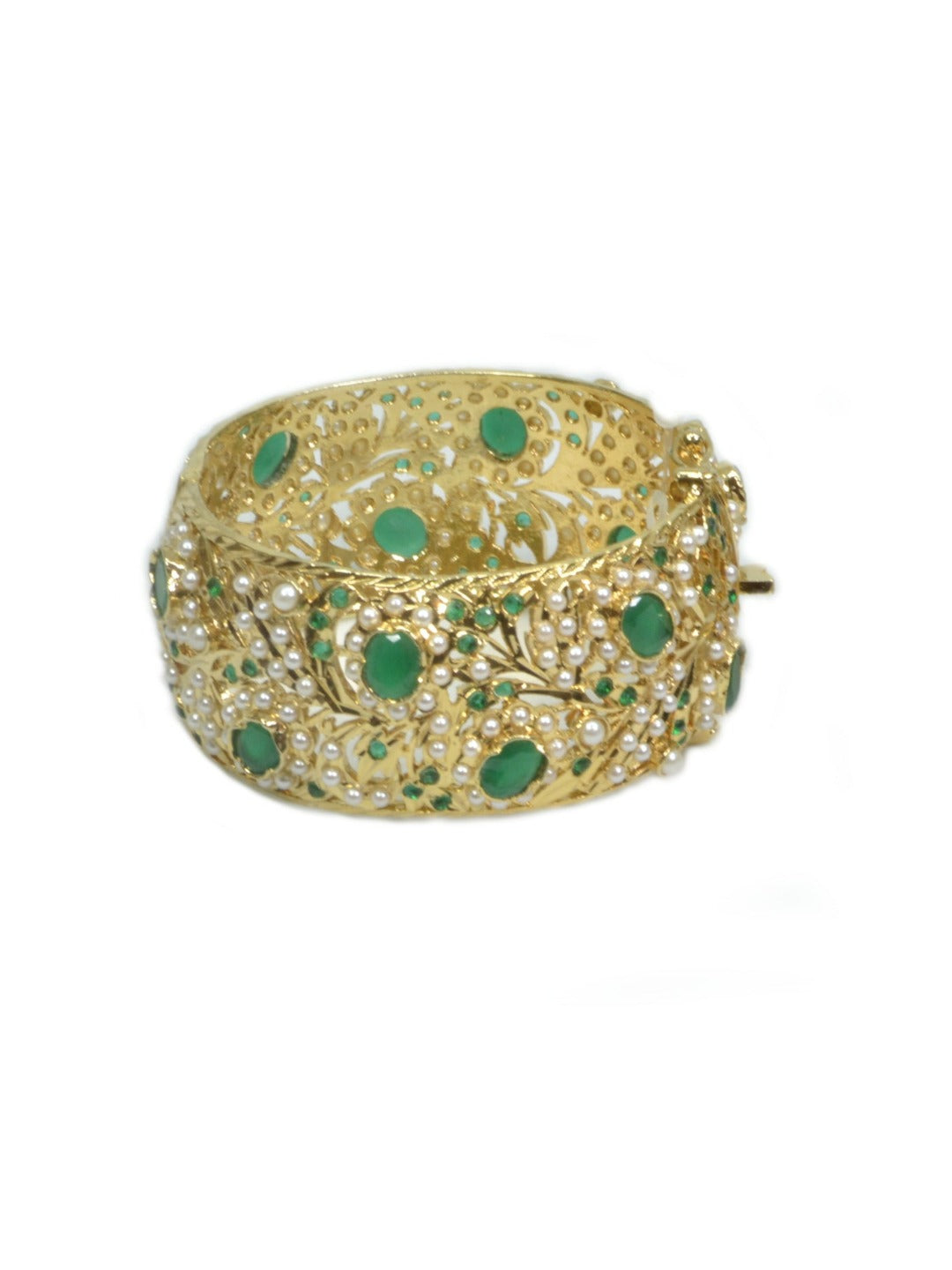 Heritage Jadau Kada Emerald Green and Pearl White (Broad Bangle) - QUEENS JEWELS