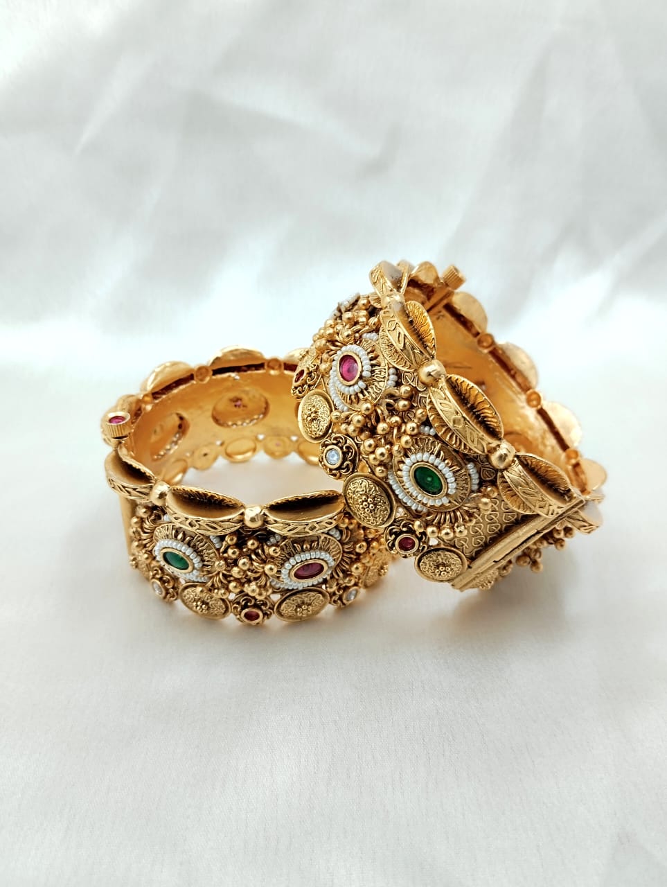 Antique Finish Gold Multi Color Kada Pair - QUEENS JEWELS