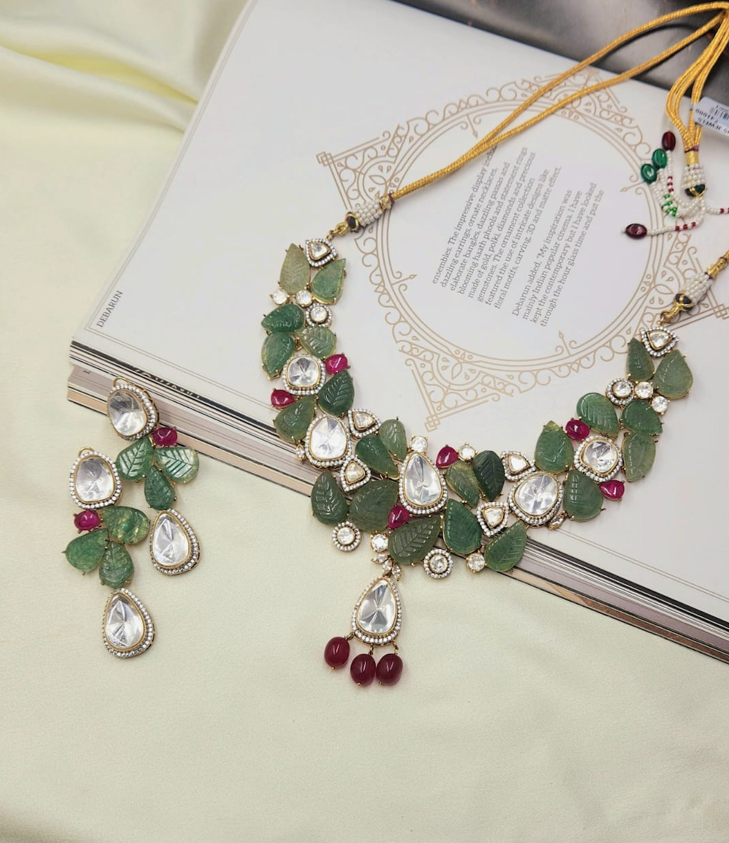 Alia Polki Kundan Choker Set With Carved Stone and Earings - QUEENS JEWELS