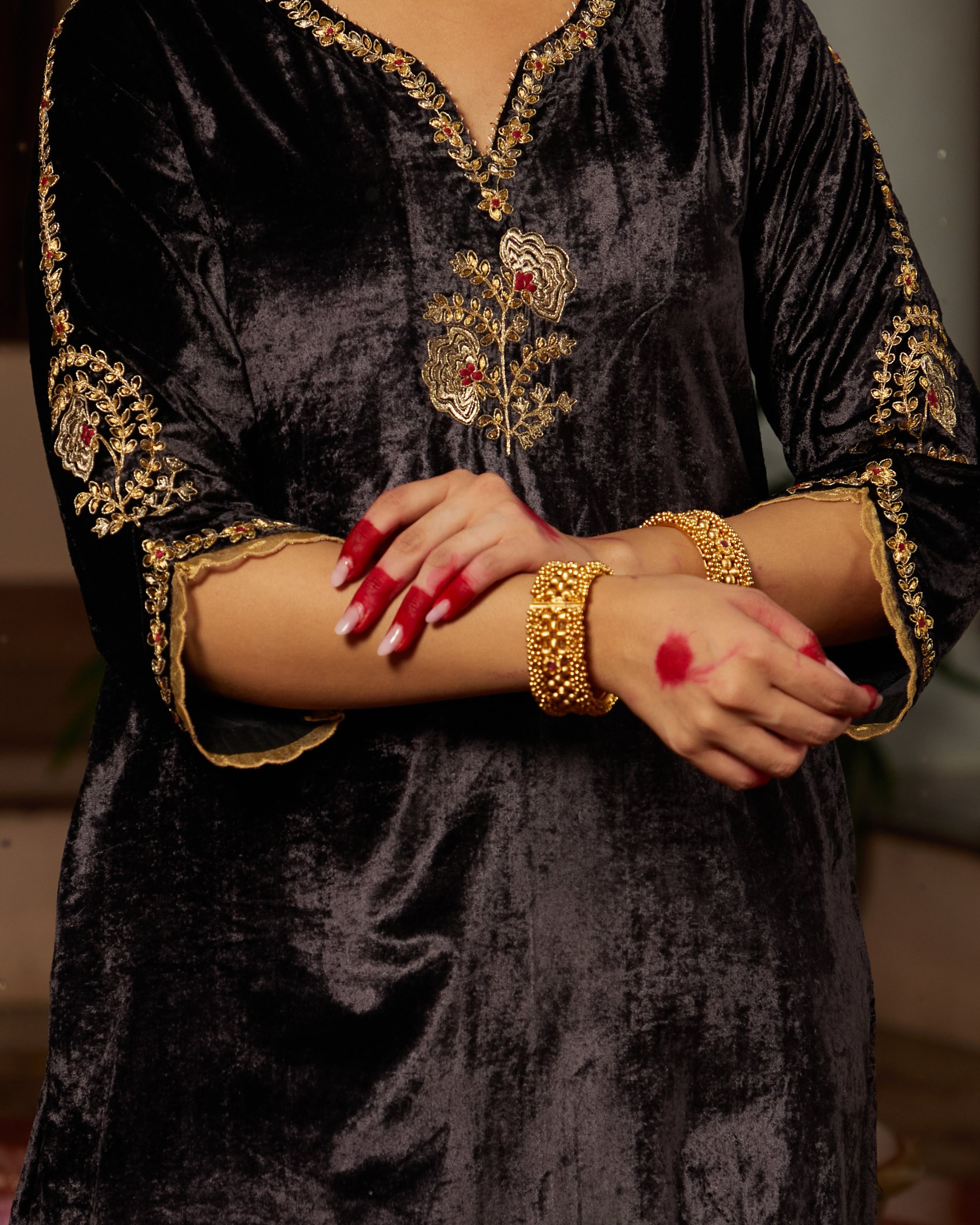 Gold & Red Temple Openable Kada Pair - QUEENS JEWELS