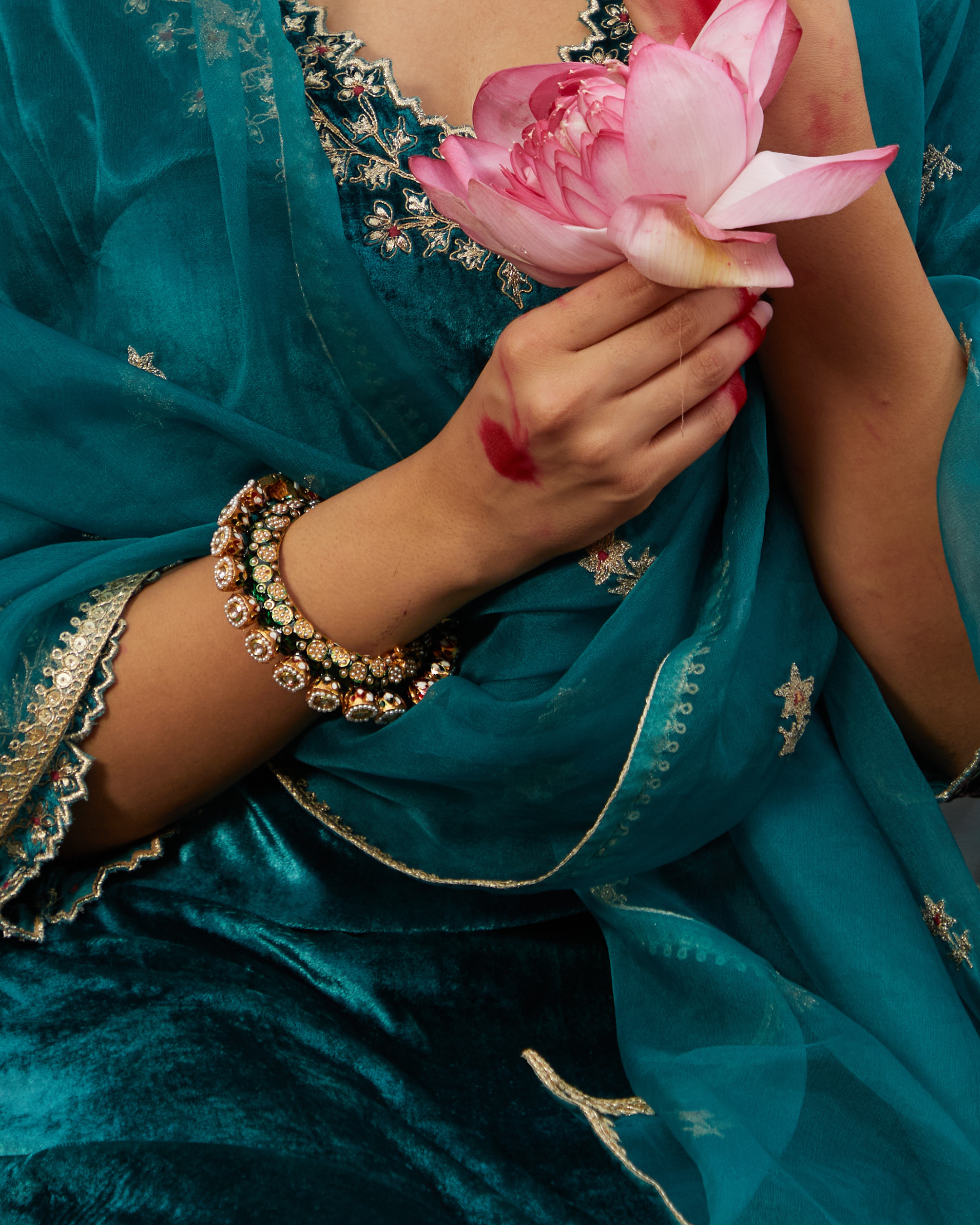 Zoha Gold Plated Jadau Openable Navratan Pacheli Bangle - QUEENS JEWELS