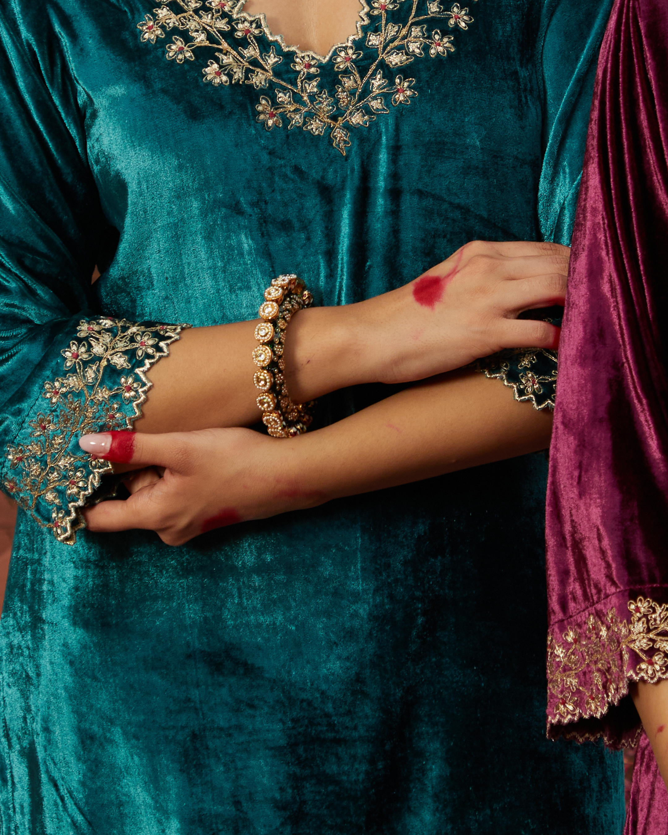 Zoha Gold Plated Jadau Openable Navratan Pacheli Bangle - QUEENS JEWELS