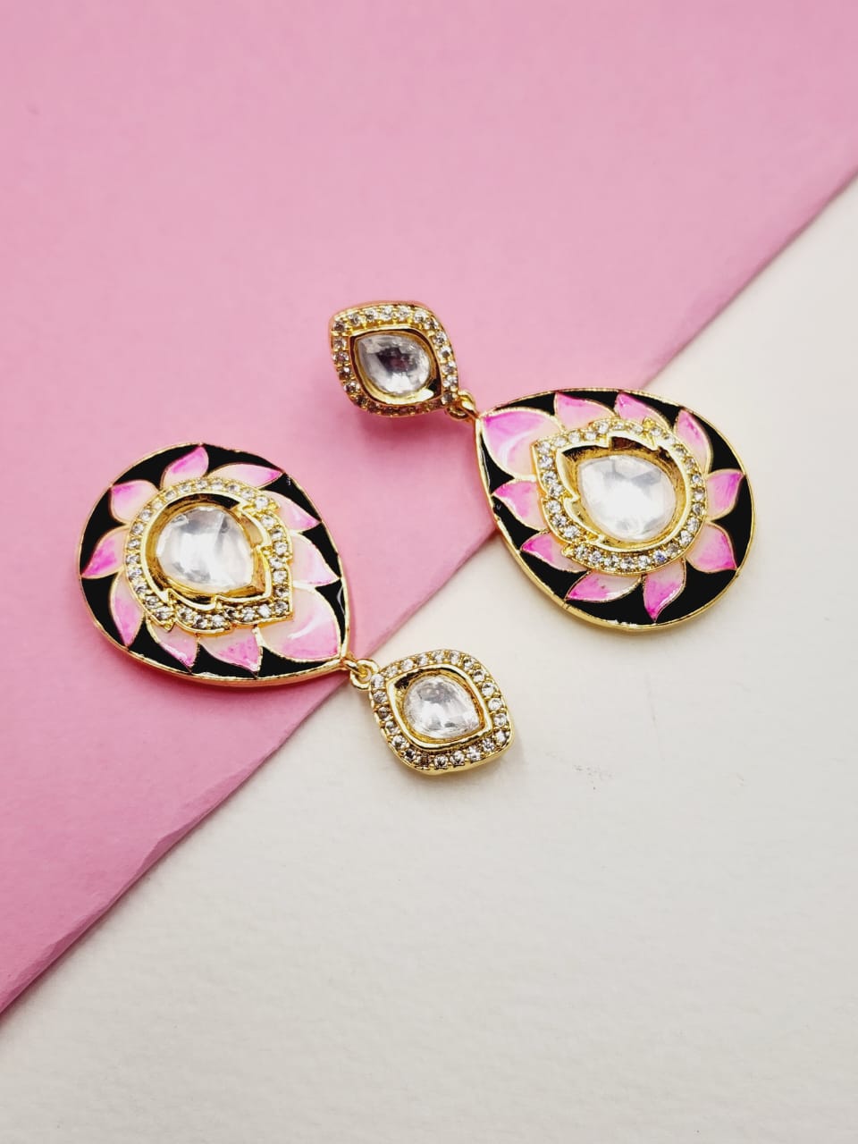 Meenakari Pink Polki Danglers - QUEENS JEWELS