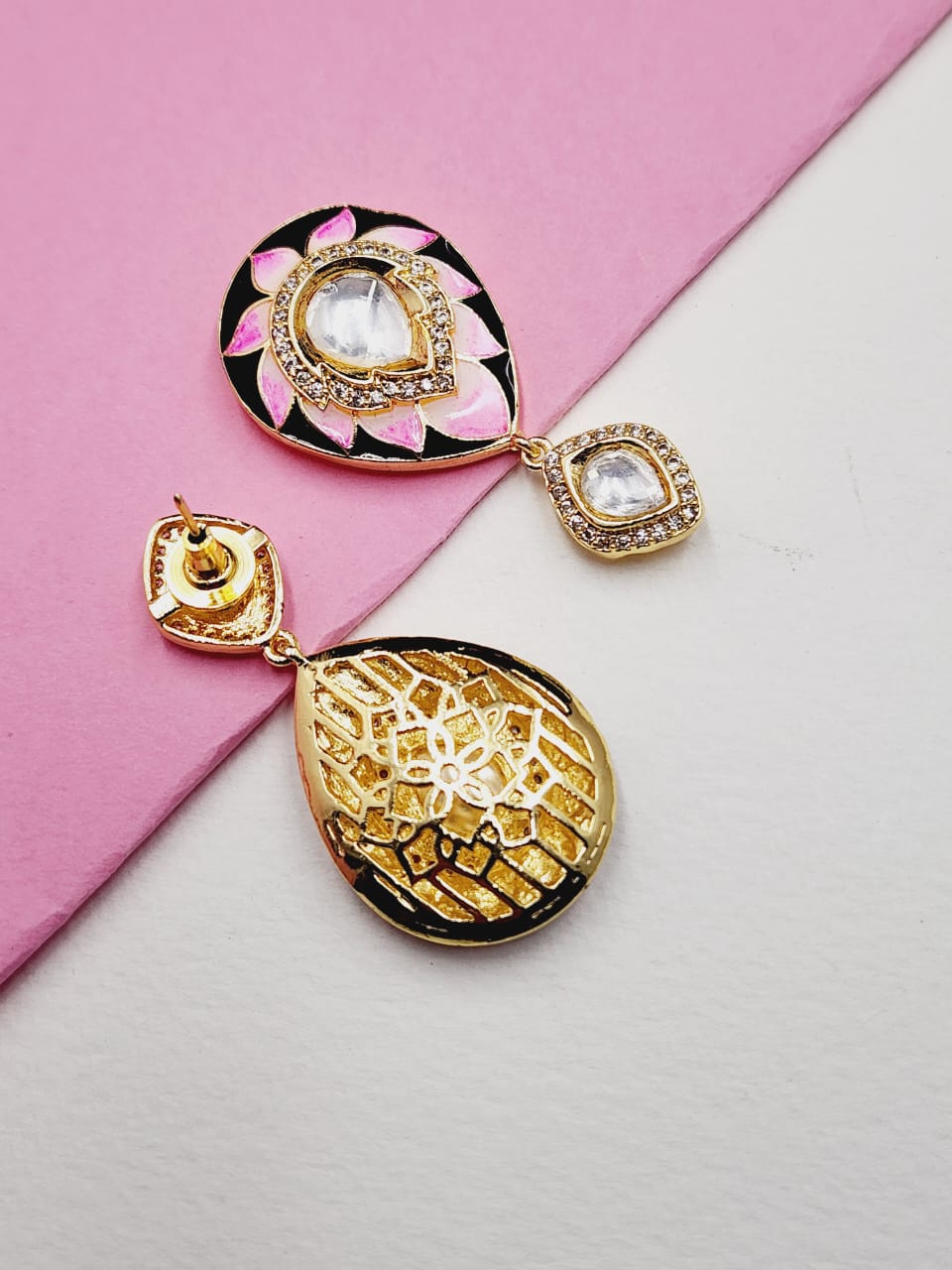 Meenakari Pink Polki Danglers - QUEENS JEWELS
