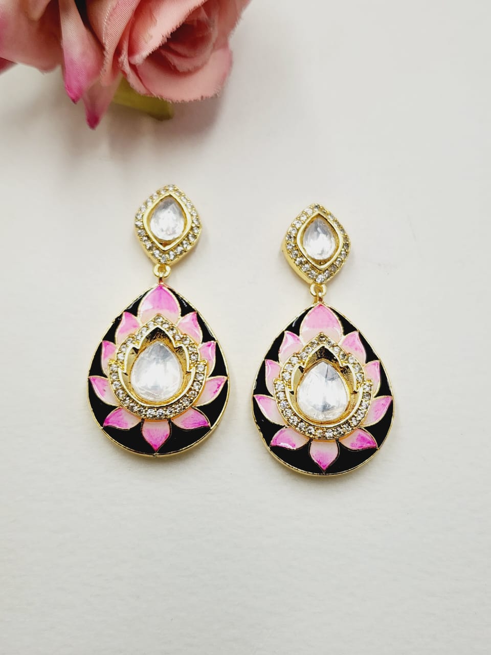 Meenakari Pink Polki Danglers - QUEENS JEWELS