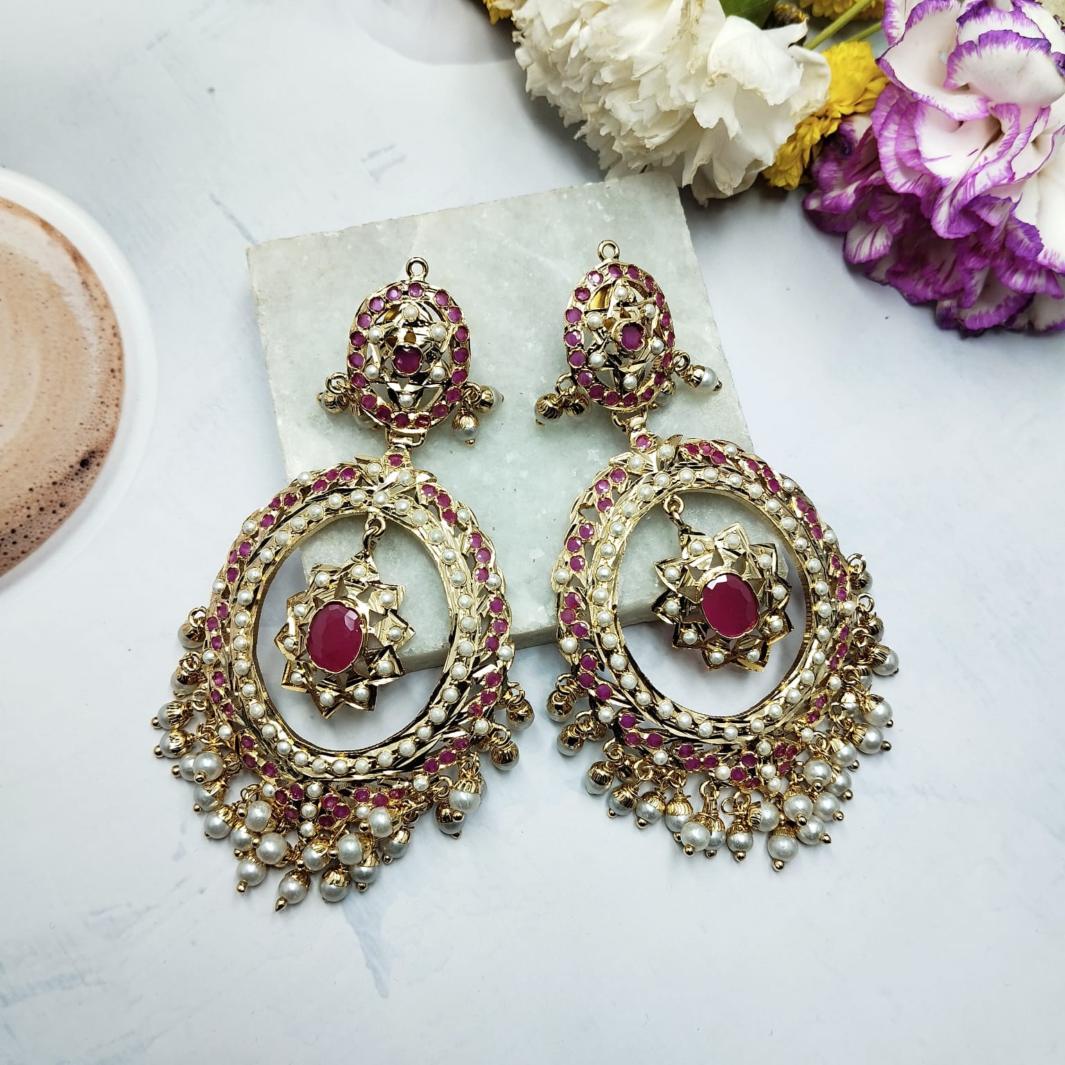 Suhana Fuchsia Jadau Chandbali Earring - QUEENS JEWELS