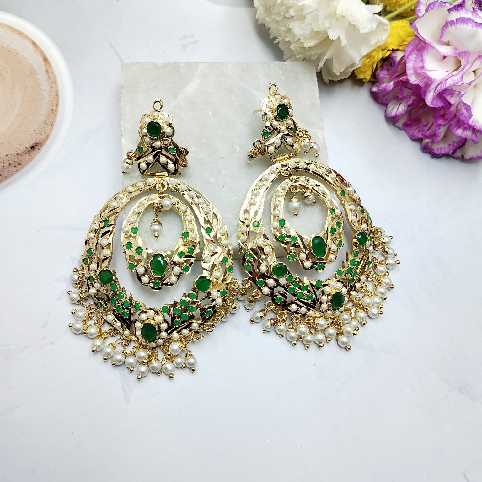 Khushi Jadau Chandbali Earrings Green