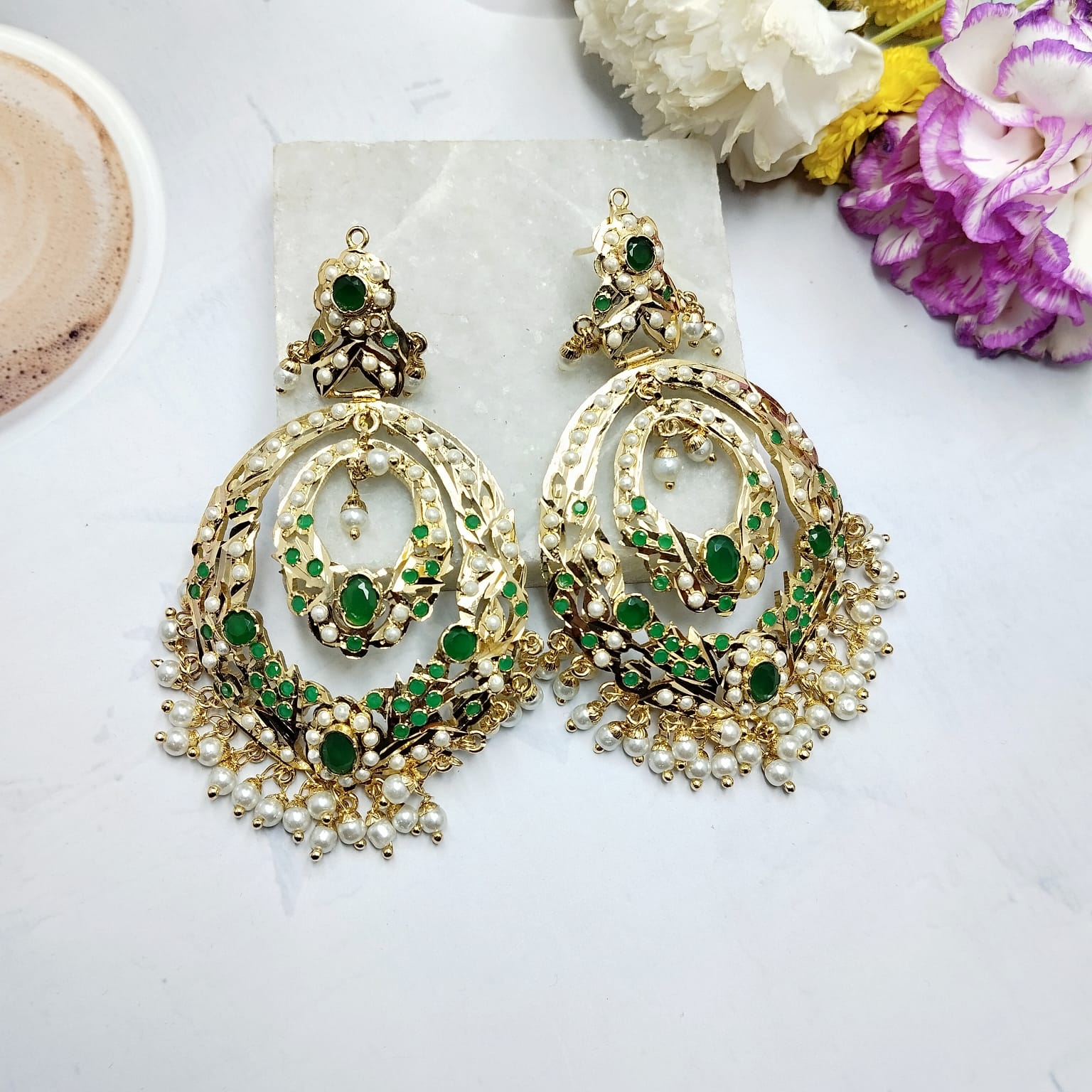 Khushi Jadau Chandbali Earrings - Green - QUEENS JEWELS