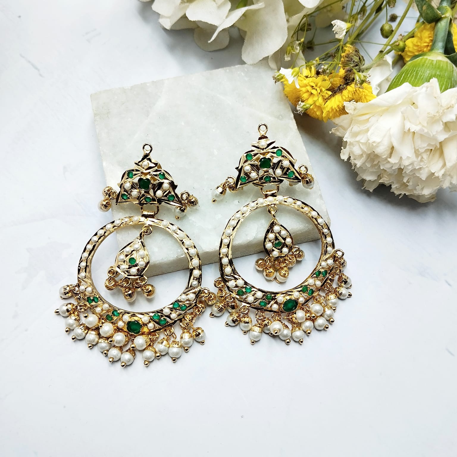 Kiara Jadau Chandbali Earrings - Green - QUEENS JEWELS