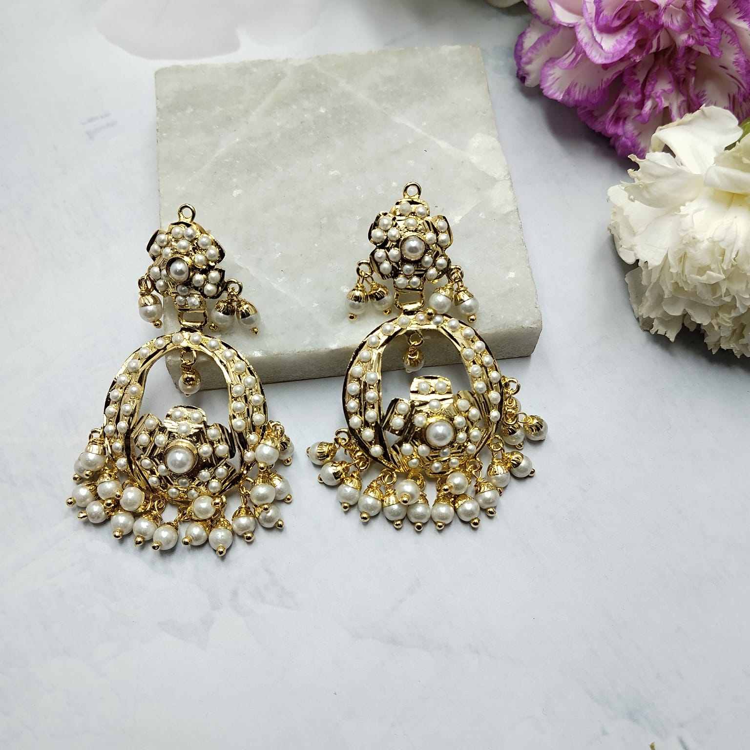 Zoobiya Jadau Chandbali Earrings - Pearl White - QUEENS JEWELS