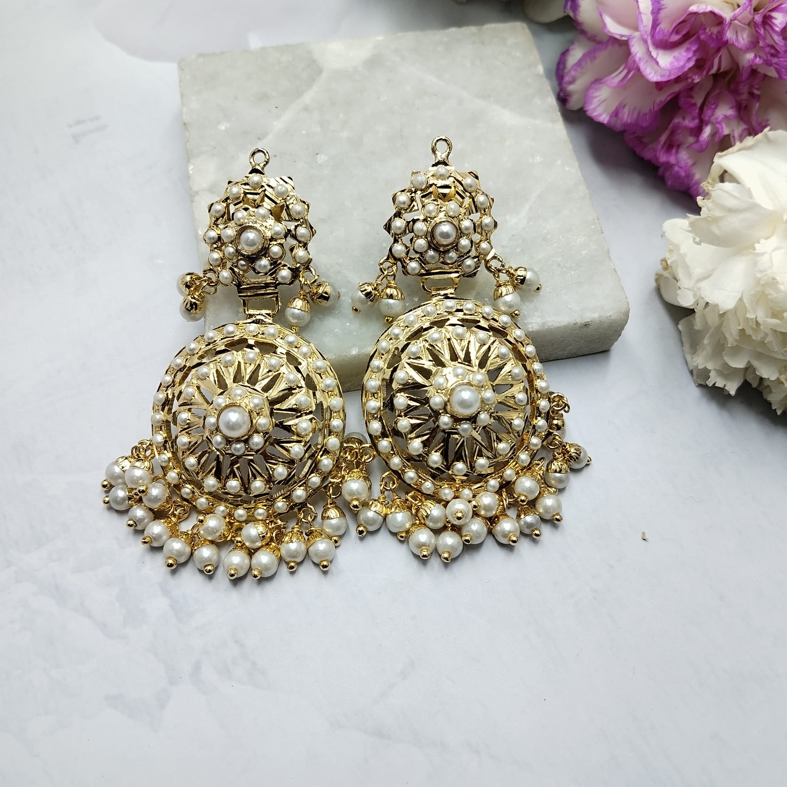 Suhasini Jadau Chandbali Earrings - White Pearl - QUEENS JEWELS