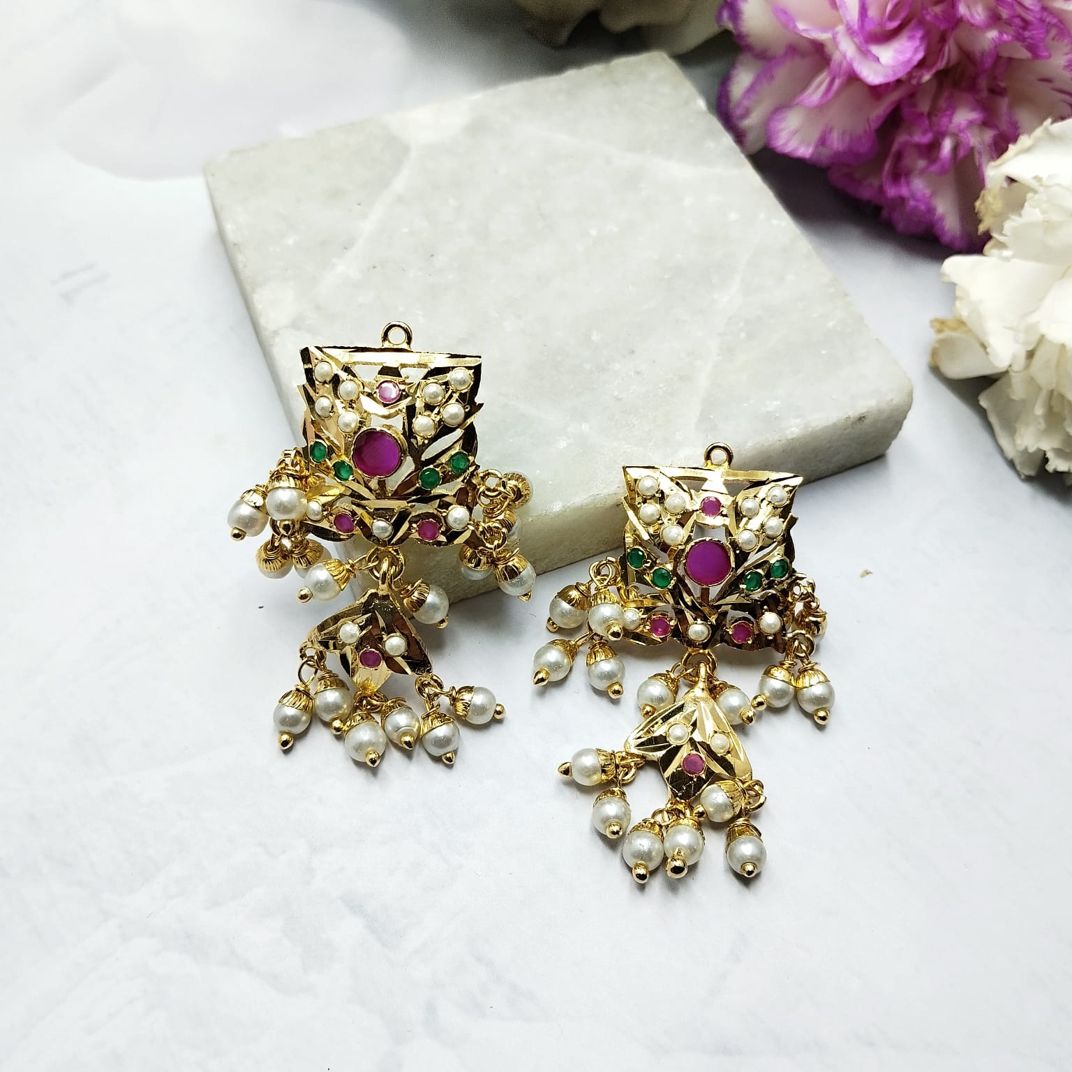 Deepika Jadau Chandbali Earrings - Rosy Red - QUEENS JEWELS