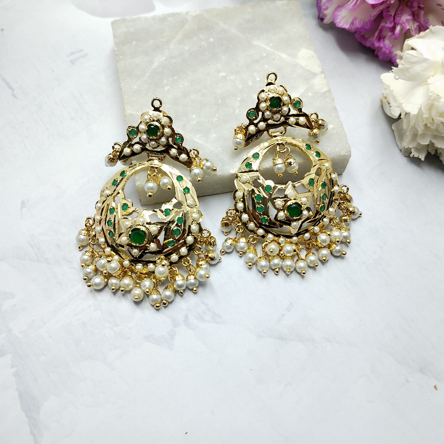 Suhasi Jadau Chandbali - Pearl Green - QUEENS JEWELS