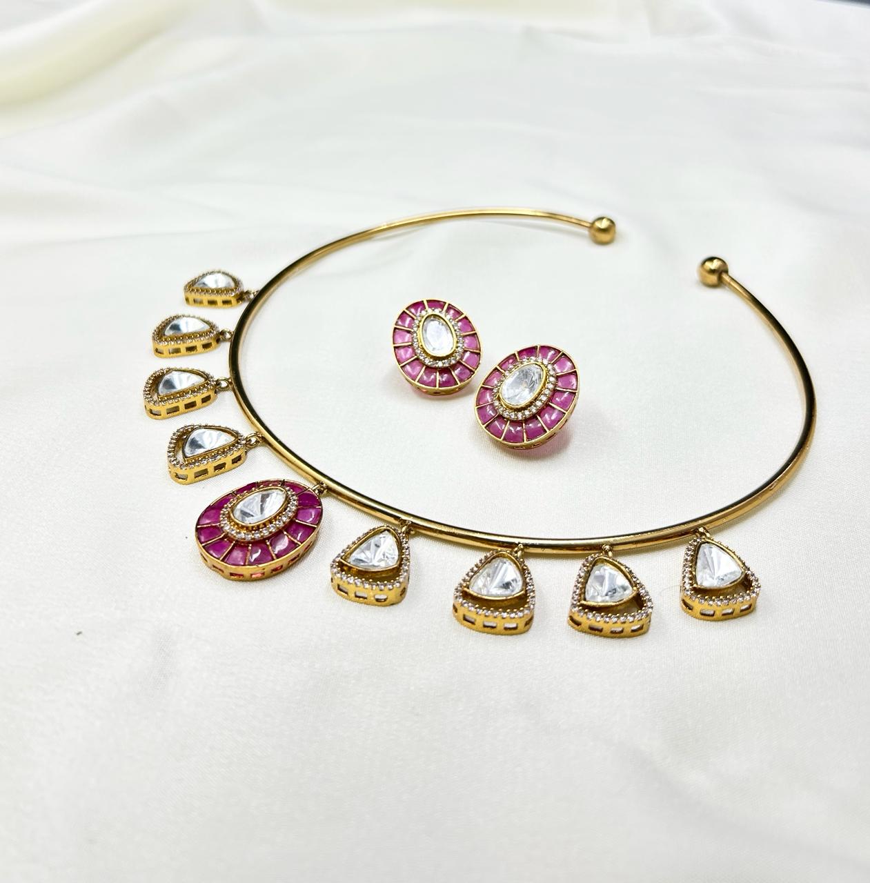 Karishma Polki Kundan Collar Choker Set with Colored Stones - QUEENS JEWELS